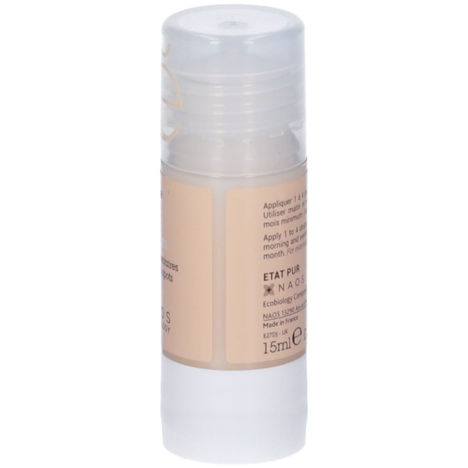 Flacone Glabridina 250ppm. Tappo trasparente. Etichetta beige con testo. Logo NAOS. 15ml.