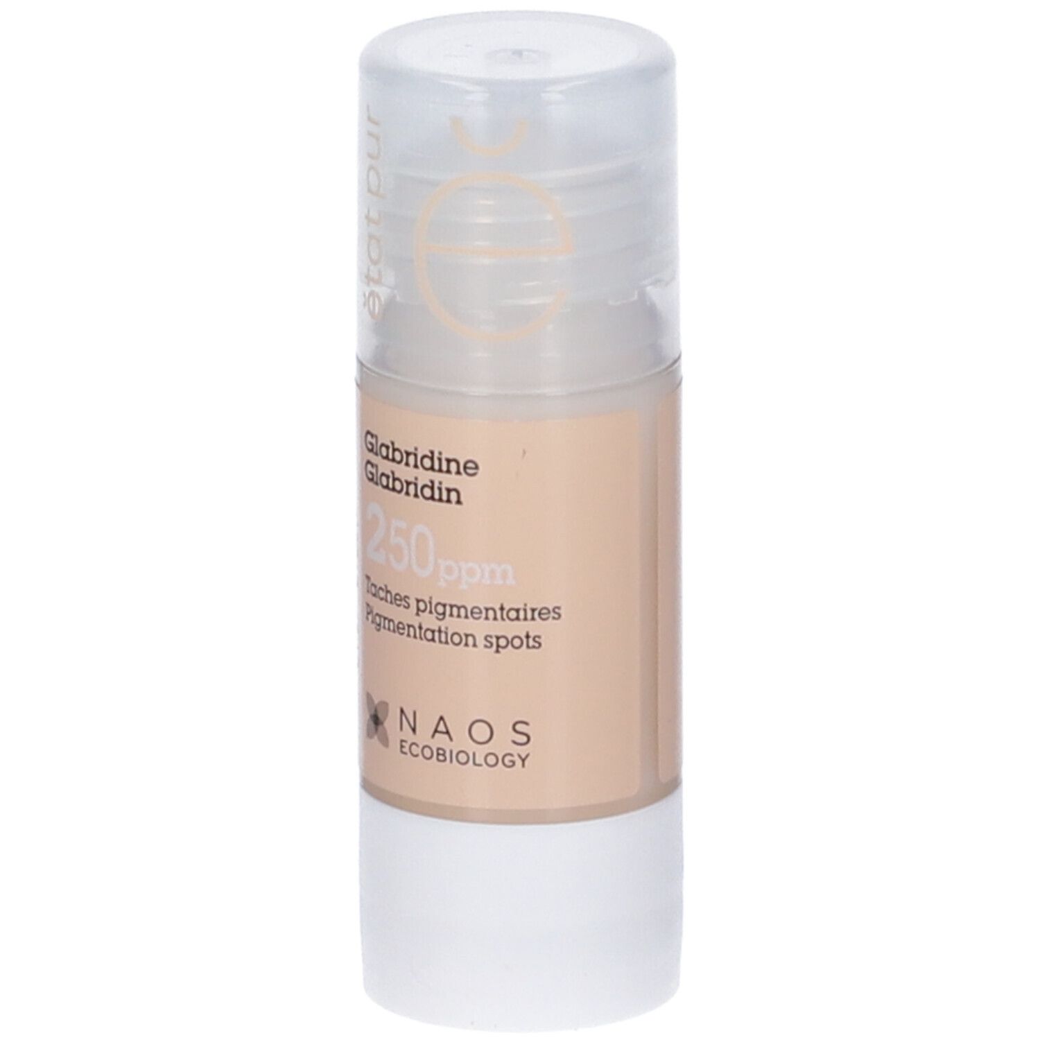 Flacone Glabridina 250ppm. Tappo trasparente. Etichetta beige con testo. Logo NAOS.