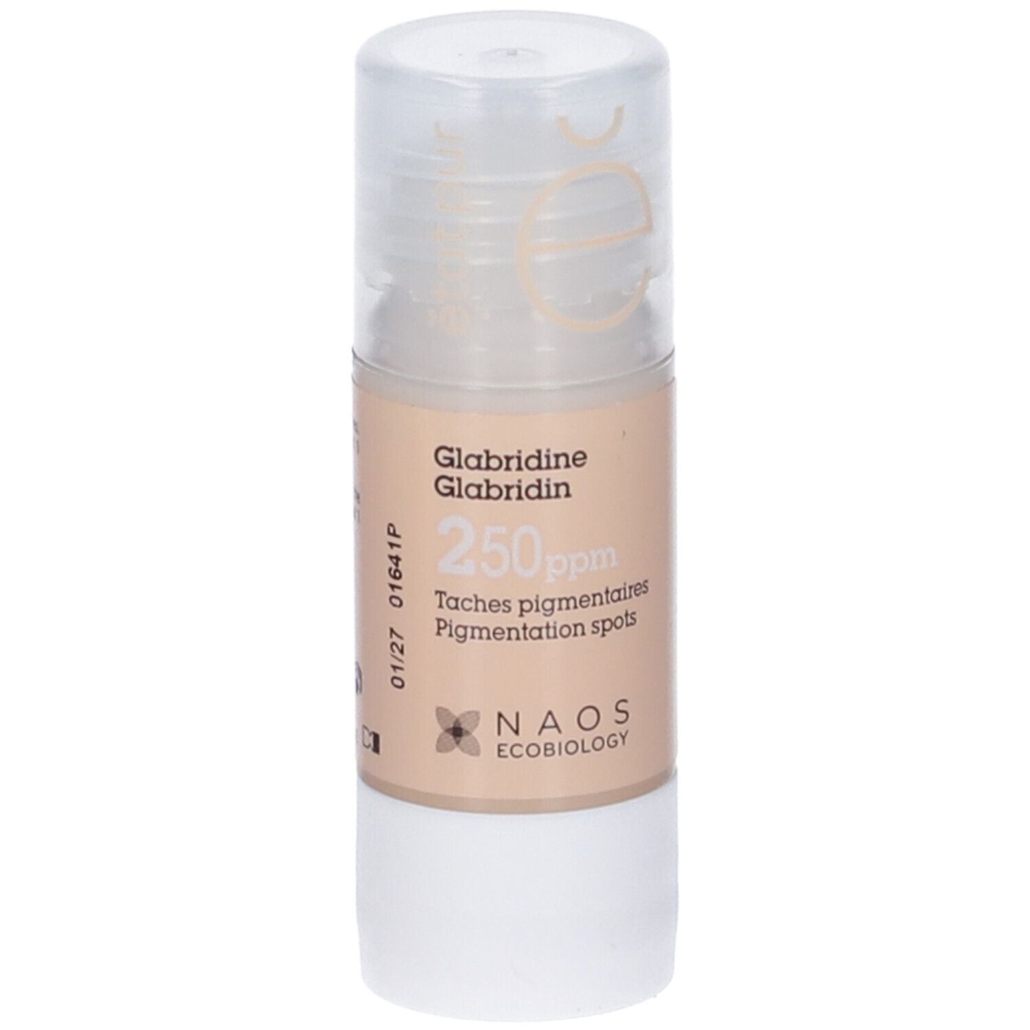 Flacone Glabridina 250ppm. Tappo trasparente. Etichetta beige con testo. Logo NAOS.