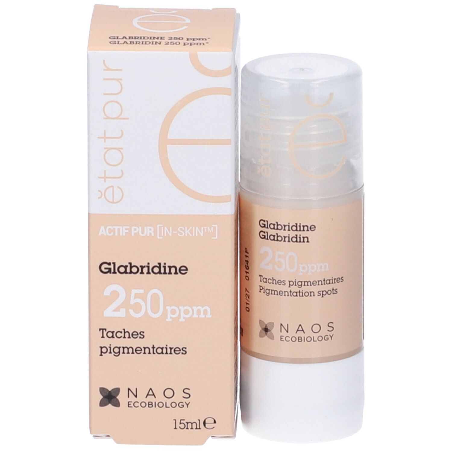 Confezione prodotto con flacone. Scatola e flacone Glabridina 250ppm. Beige e bianco. Logo NAOS.