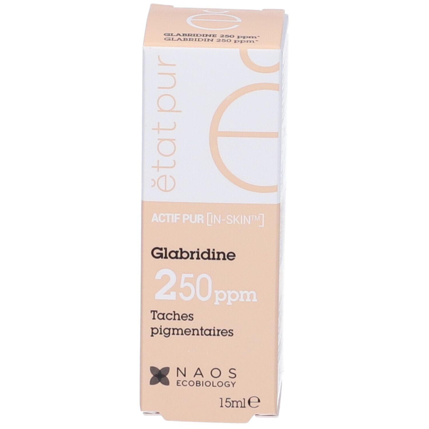 Confezione prodotto. Scatola Glabridina 250ppm. Beige e bianco. Logo NAOS. 15ml.