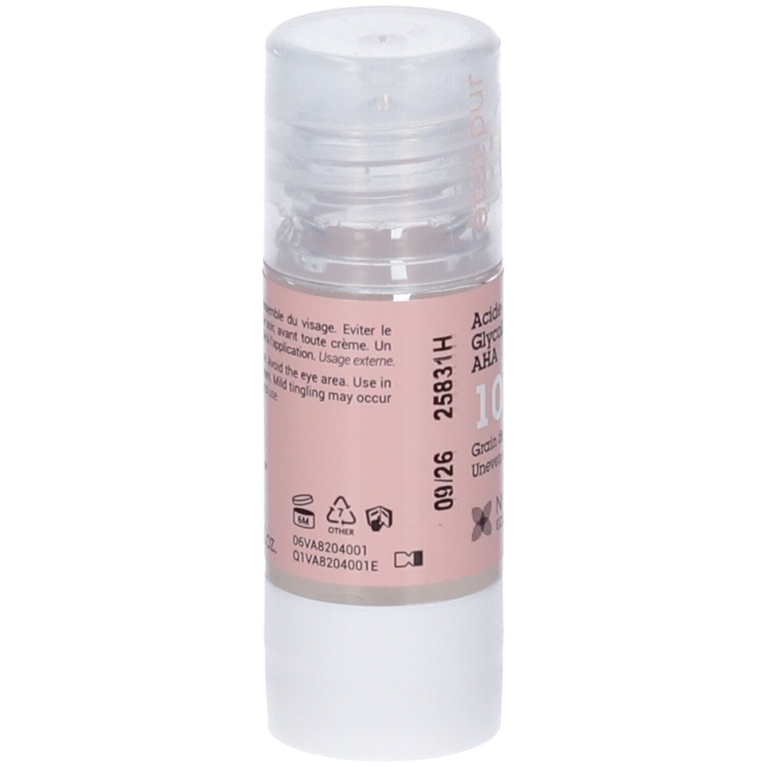 Flacone con etichetta rosa e tappo trasparente. Scritta: 10% AHA. Simboli sull'etichetta.