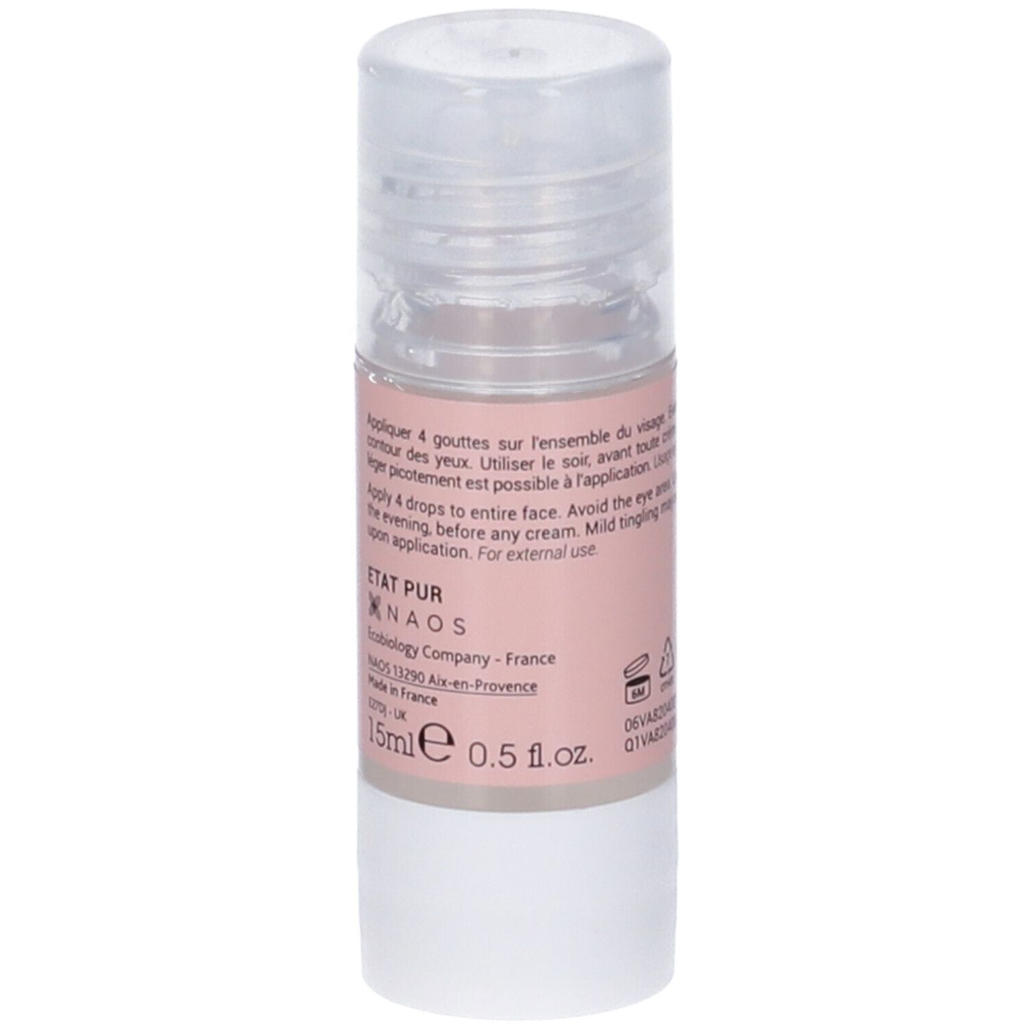 Flacone con etichetta rosa e tappo trasparente. Scritte: 10% AHA, 15ml. Marchio: Etat Pur.