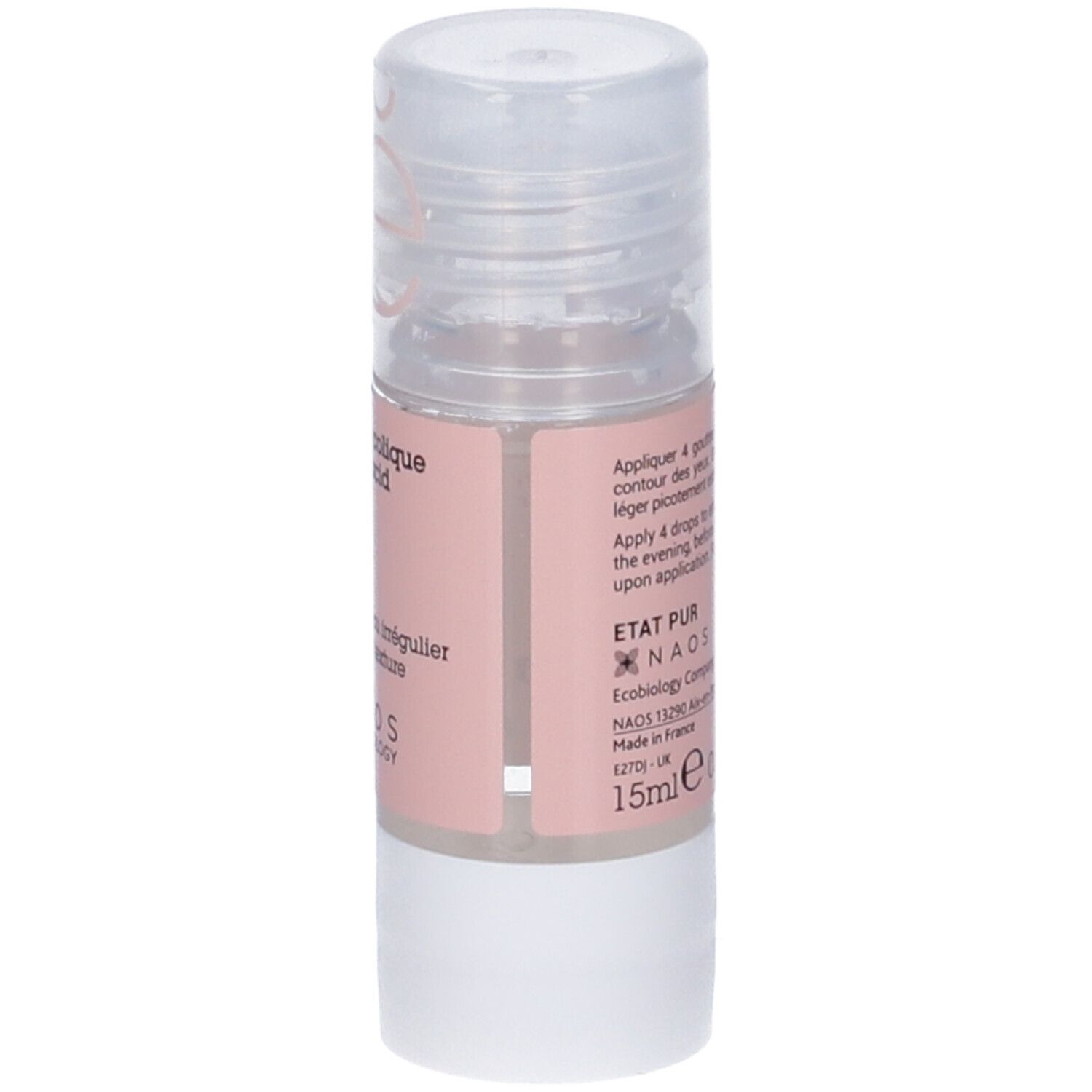 Flacone con etichetta rosa e tappo trasparente. Scritte: 10% AHA, 15ml. Marchio: Etat Pur.