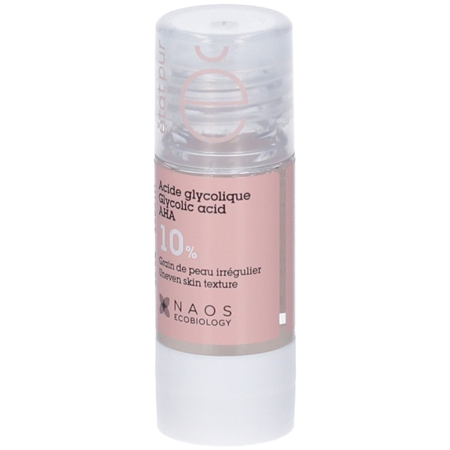 Flacone con etichetta rosa e tappo trasparente. Scritte: 10% AHA, grana della pelle irregolare. Marchio: NAOS.