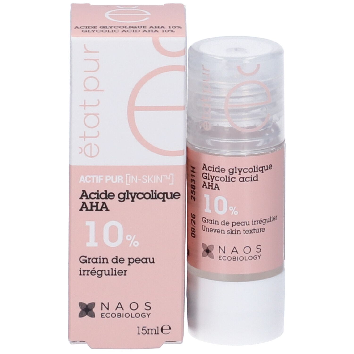 Flacone e confezione. Etichetta e confezione rosa. Scritte: 10% AHA, grana della pelle irregolare. Marchio: Etat Pur.