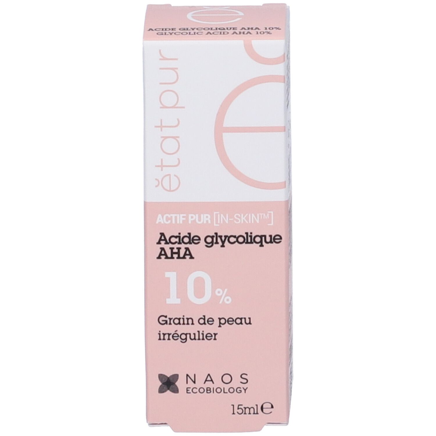 Confezione del prodotto. Confezione rosa con scritte: 10% AHA, grana della pelle irregolare. Marchio: Etat Pur.