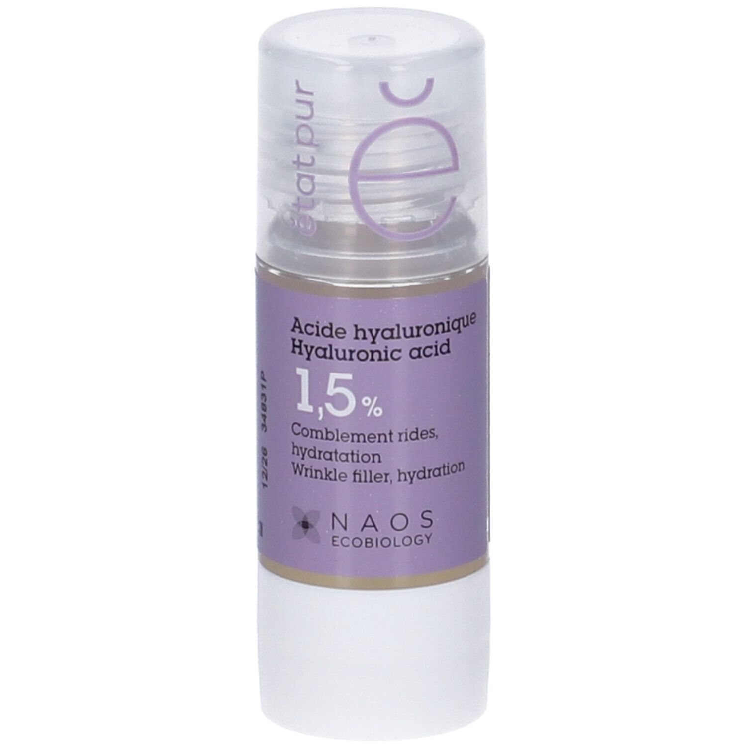 Flacone con etichetta viola. Testo: Acide hyaluronique 1,5%. Tappo trasparente. NAOS Ecobiology.