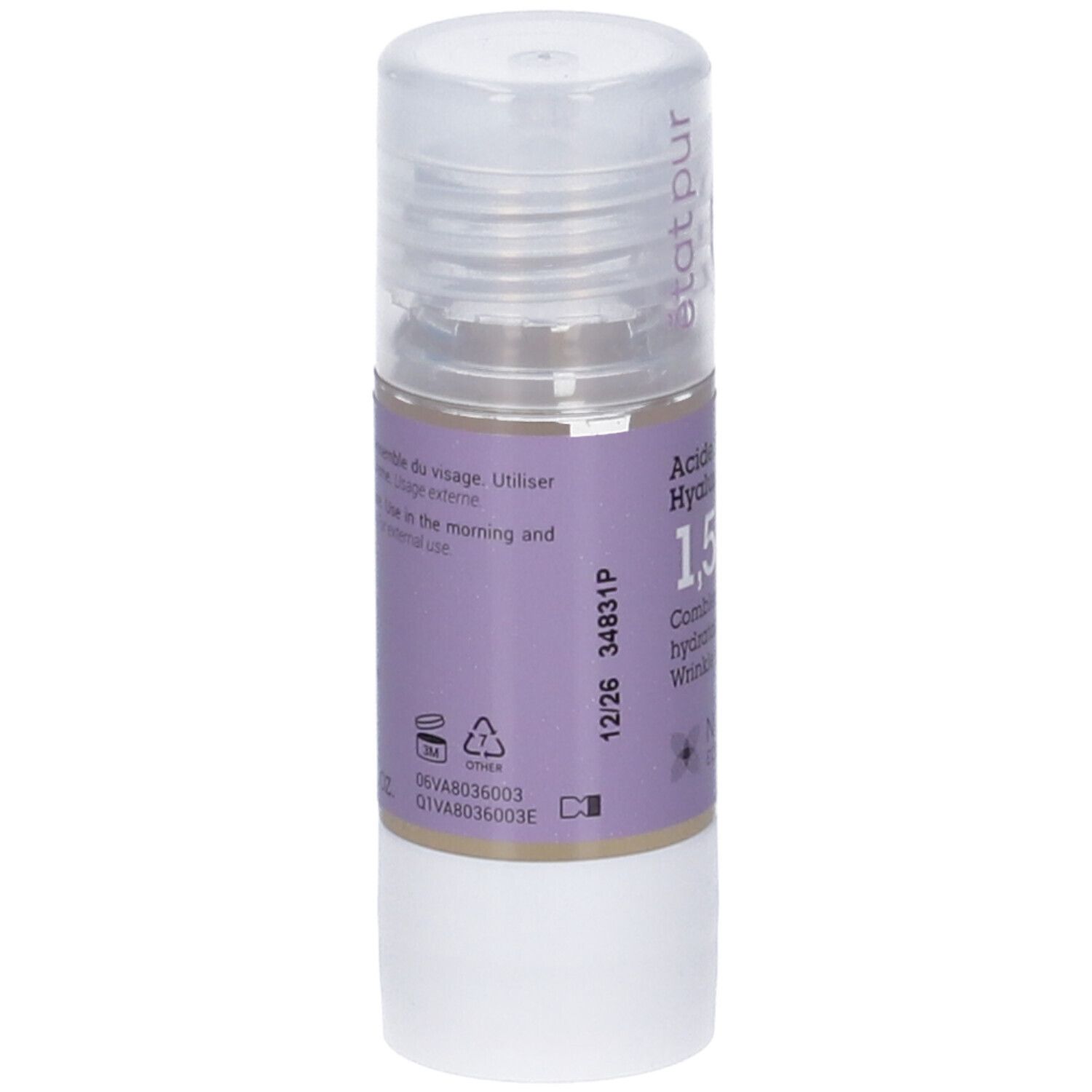 Flacone con etichetta viola. Testo: Acide hyaluronique 1,5%. Tappo trasparente. NAOS Ecobiology.
