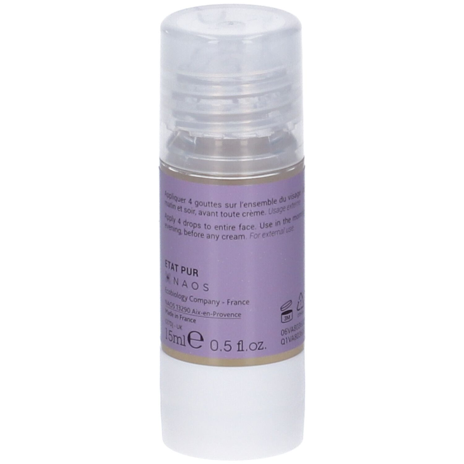 Flacone con etichetta viola. Testo: Acide hyaluronique 1,5%. Tappo trasparente. NAOS Ecobiology.