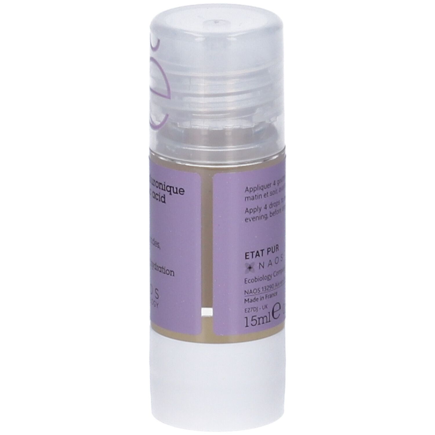 Flacone con etichetta viola. Testo: Acide hyaluronique 1,5%. Tappo trasparente. NAOS Ecobiology.