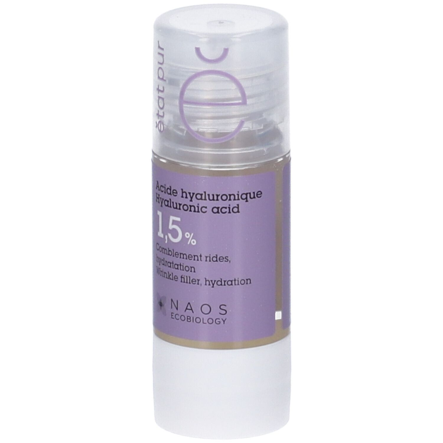 Flacone con etichetta viola. Testo: Acide hyaluronique 1,5%. Tappo trasparente. NAOS Ecobiology.