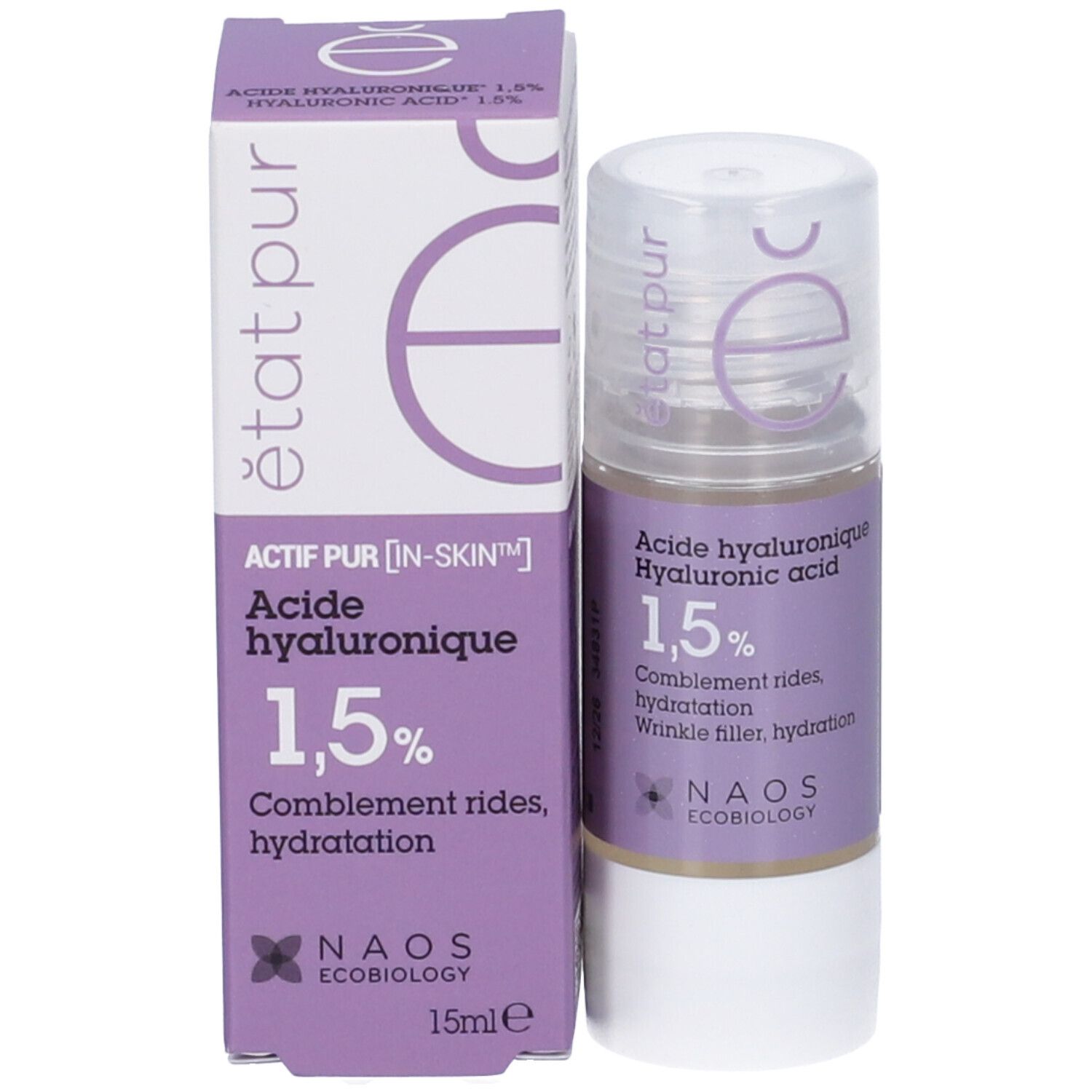 Flacone e confezione. Etichetta viola con testo: Acide hyaluronique 1,5%. NAOS Ecobiology. 15ml.