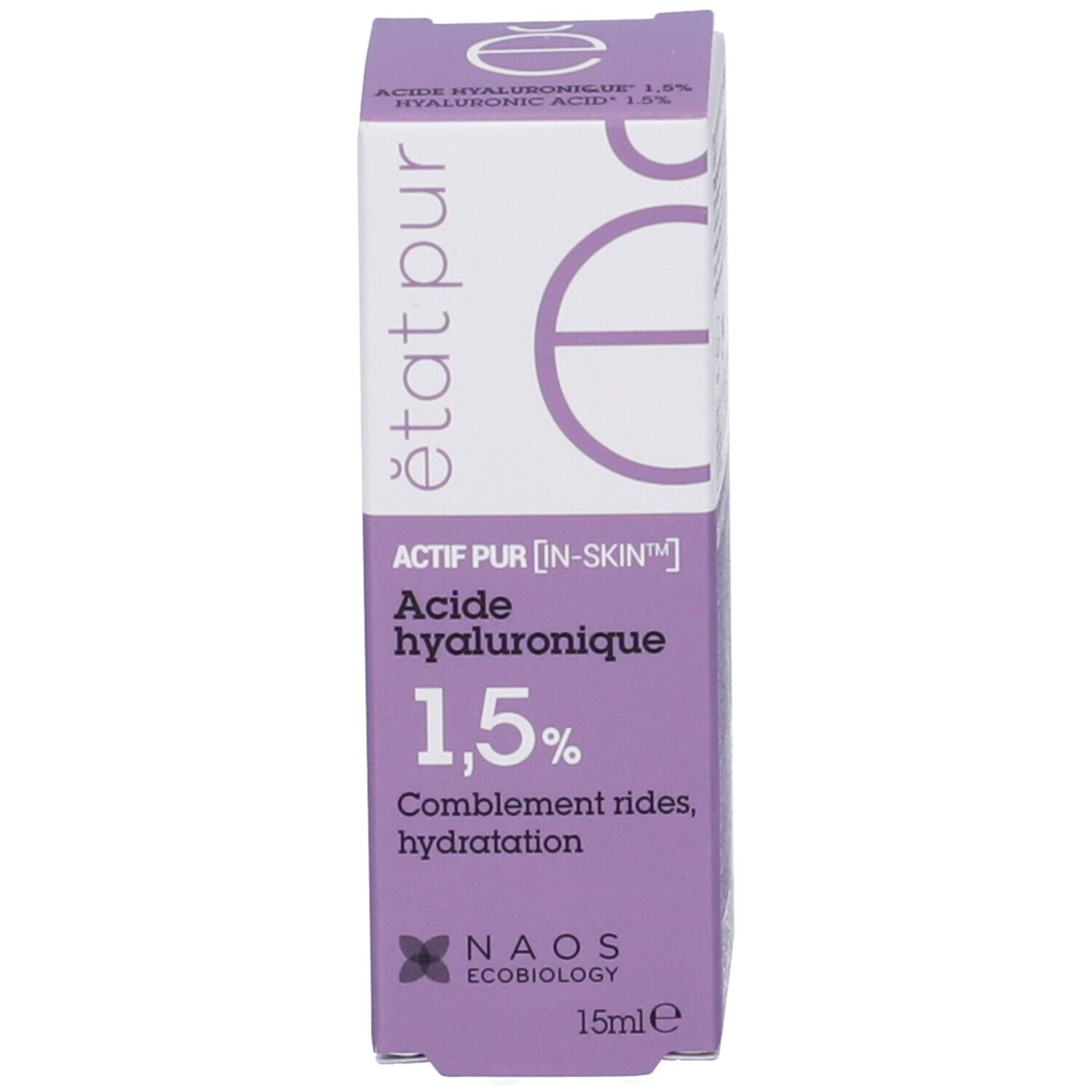 Confezione del prodotto. Etichetta viola con testo: Acide hyaluronique 1,5%. NAOS Ecobiology. 15ml.