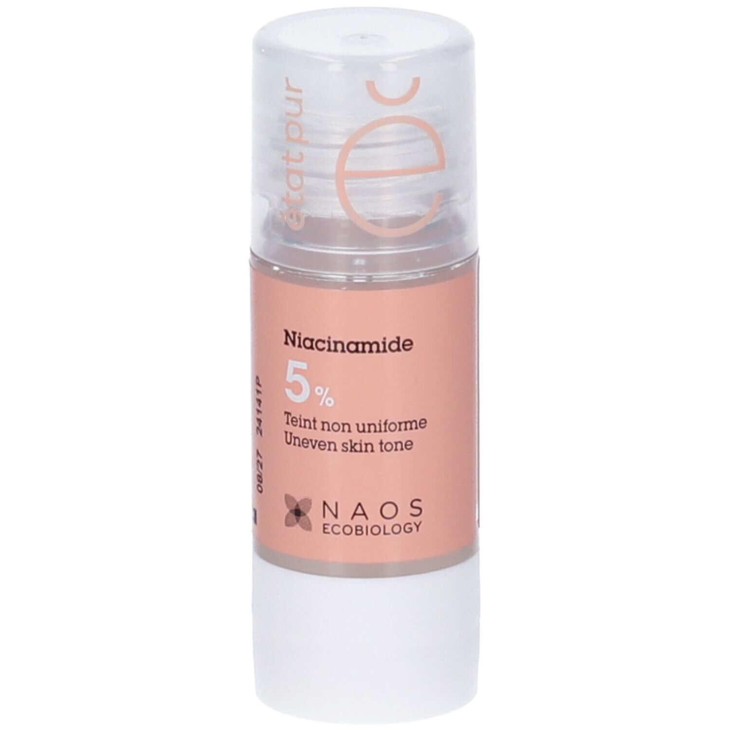 Flacone Niacinamide 5%. Tappo trasparente, etichetta rosa, base bianca. NAOS Ecobiology. Scadenza.