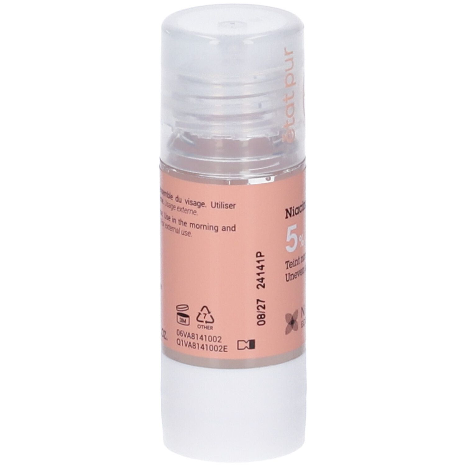 Flacone Niacinamide 5%. Tappo trasparente, etichetta rosa, base bianca. NAOS Ecobiology. Istruzioni per l'uso.