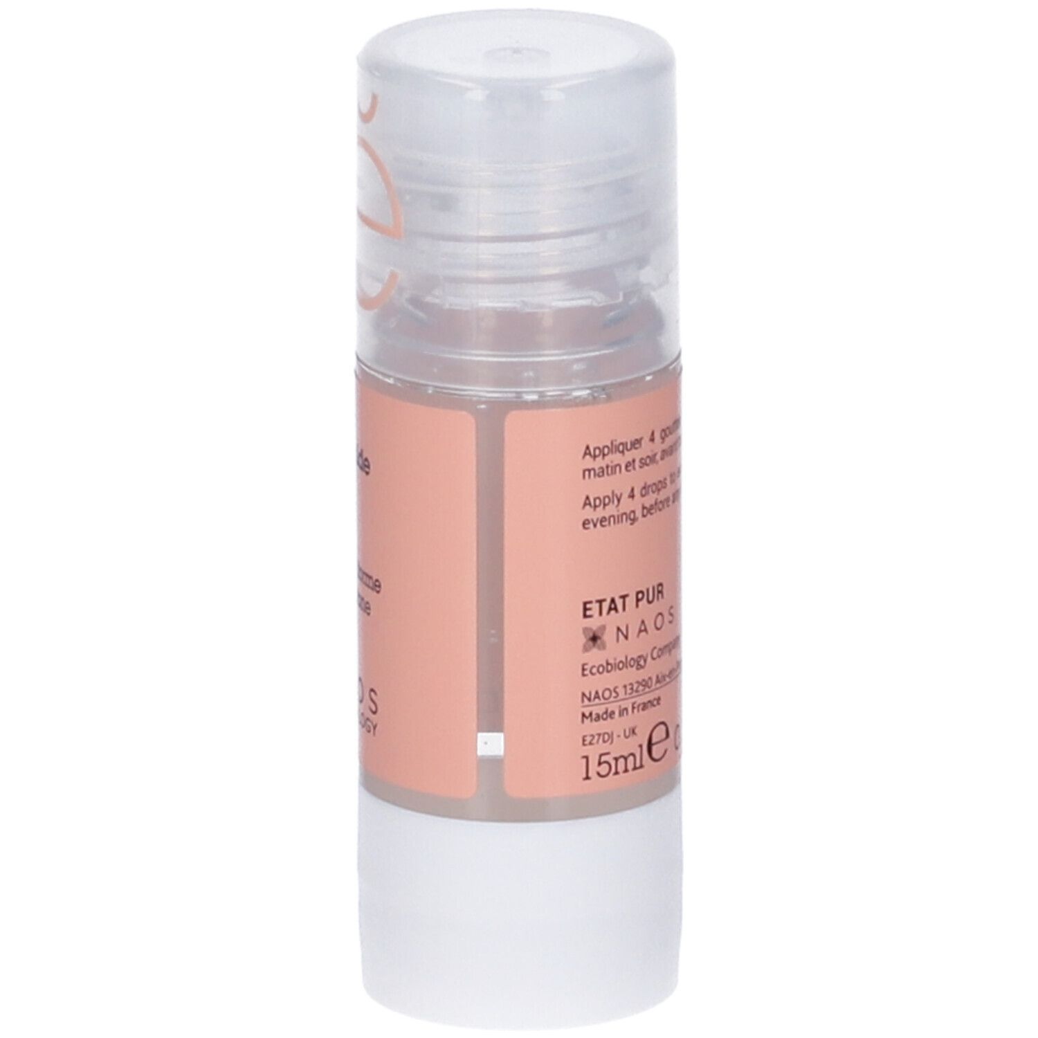 Flacone Niacinamide 5%. Tappo trasparente, etichetta rosa, base bianca. NAOS Ecobiology. 15ml.