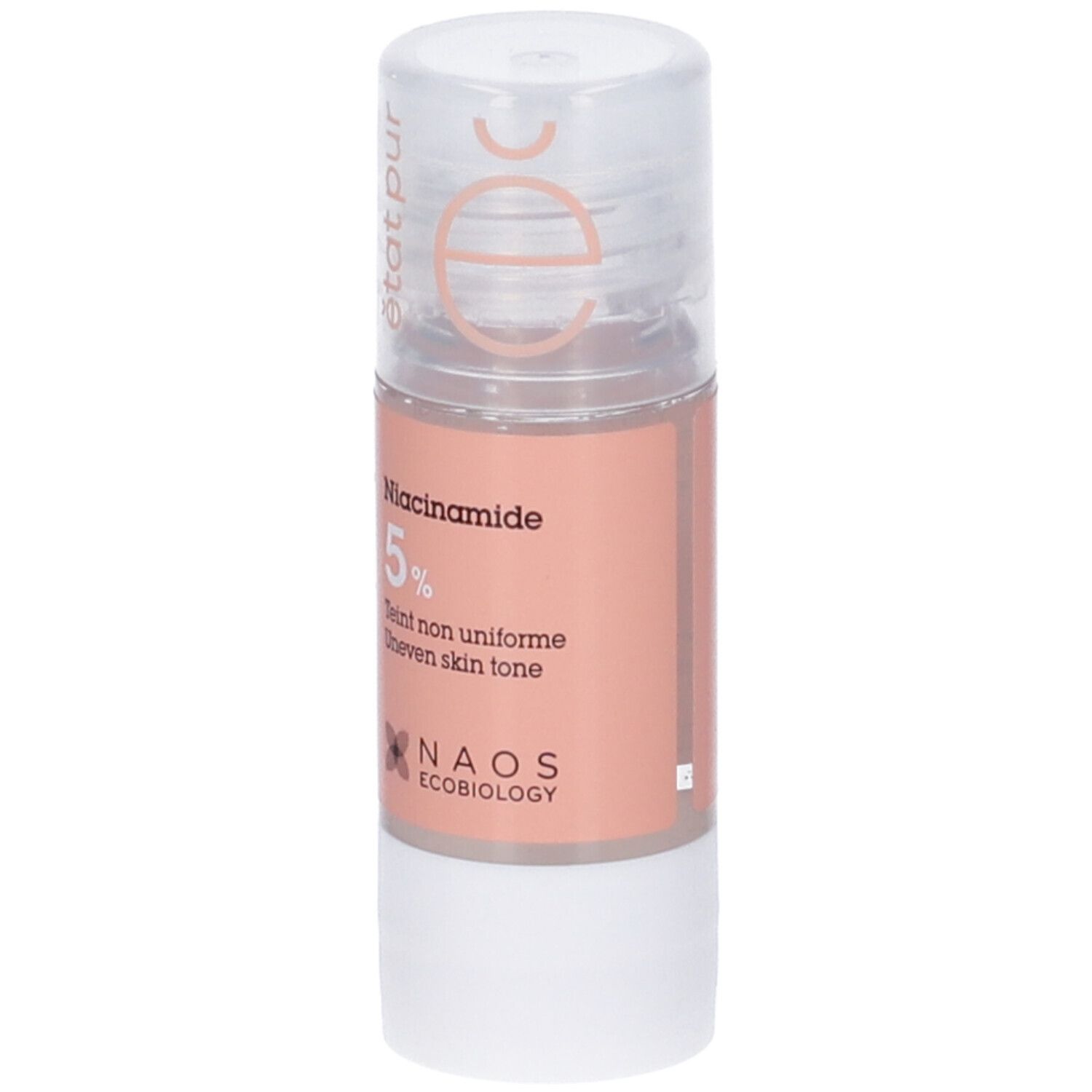 Flacone Niacinamide 5%. Tappo trasparente, etichetta rosa, base bianca. NAOS Ecobiology. 15ml.