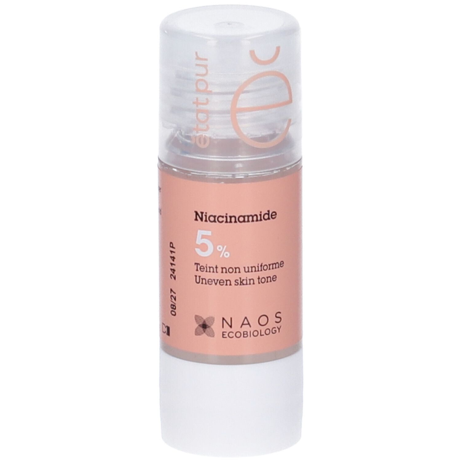 Flacone Niacinamide 5%. Tappo trasparente, etichetta rosa, base bianca. NAOS Ecobiology. 15ml.