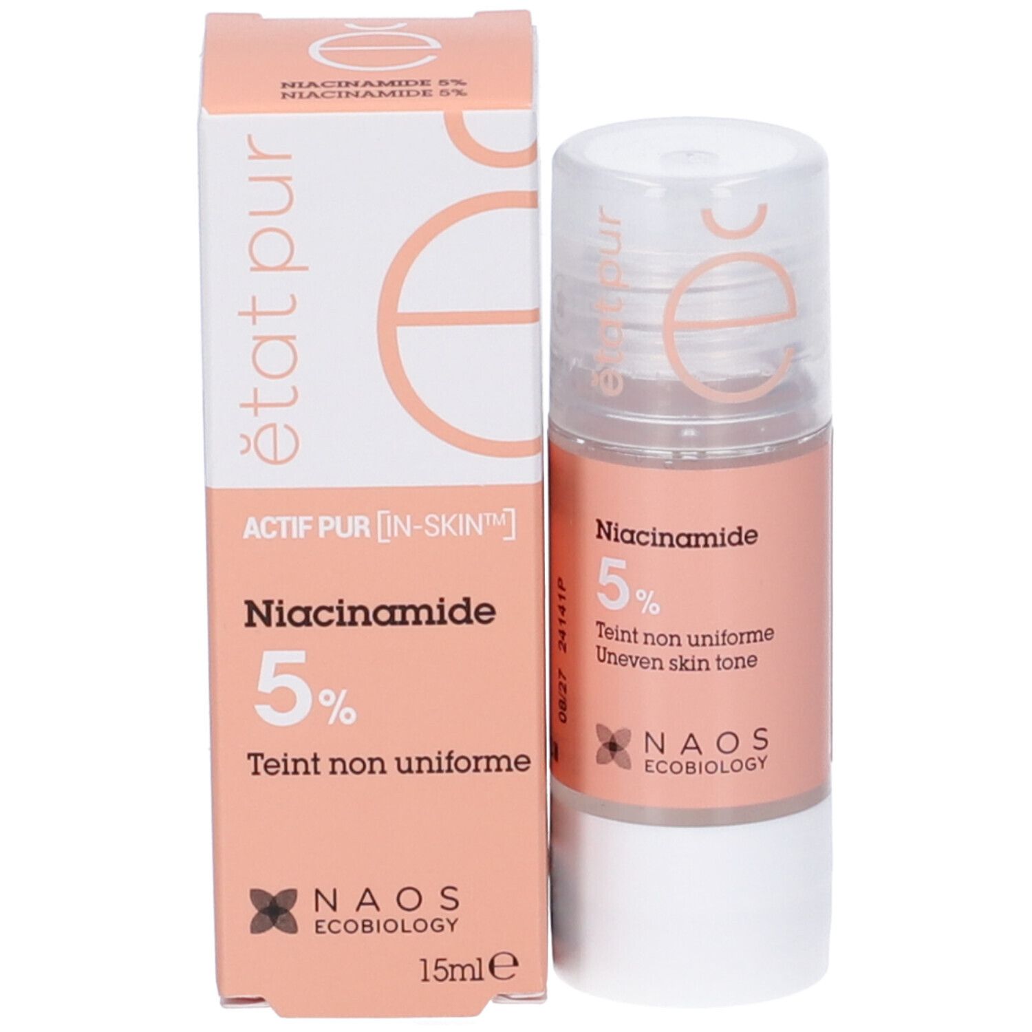 Prodotto e confezione. Flacone Niacinamide 5% e scatola. Etichetta rosa, base bianca. NAOS Ecobiology.