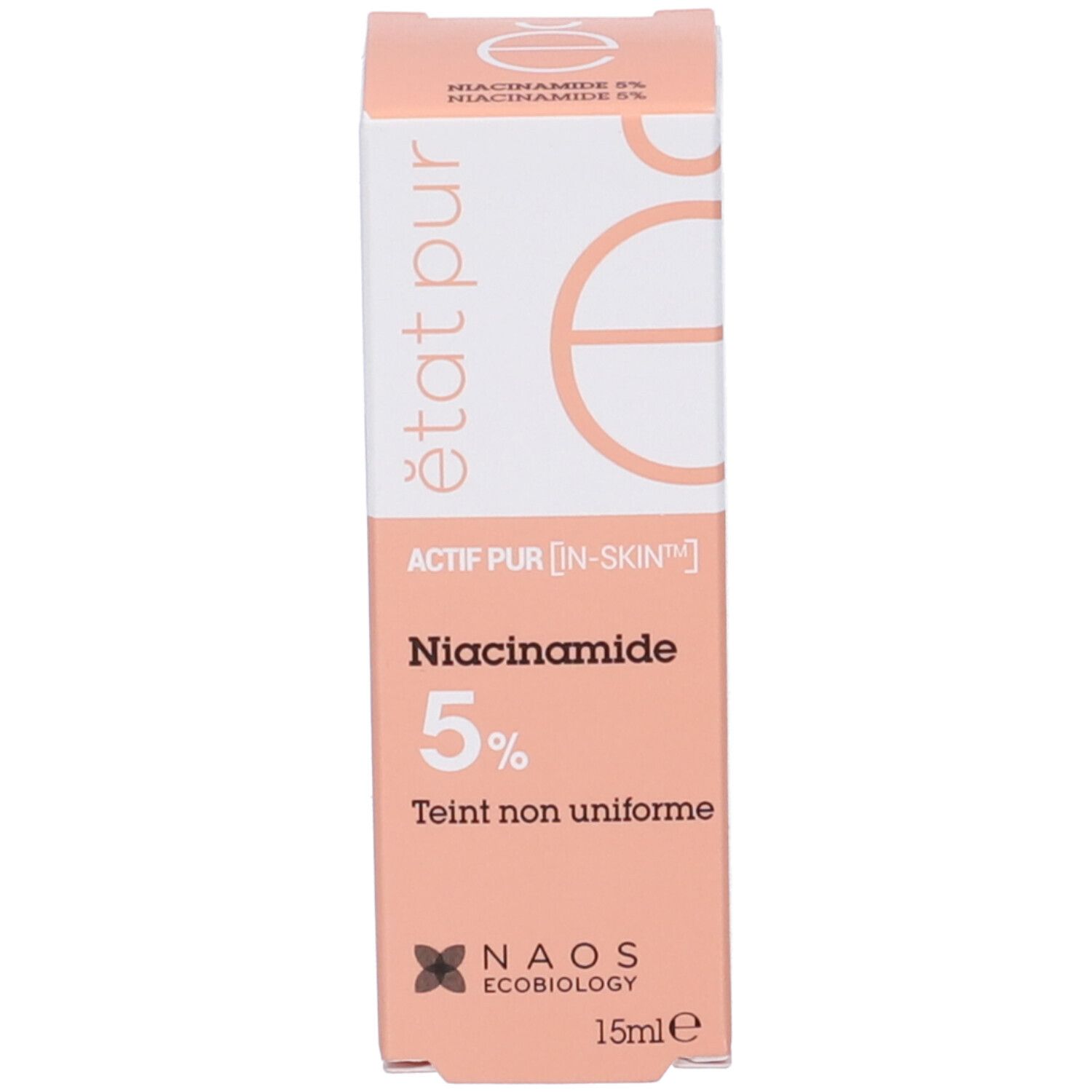 Scatola Niacinamide 5%. Etichetta rosa, sfondo bianco. NAOS Ecobiology. 15ml.