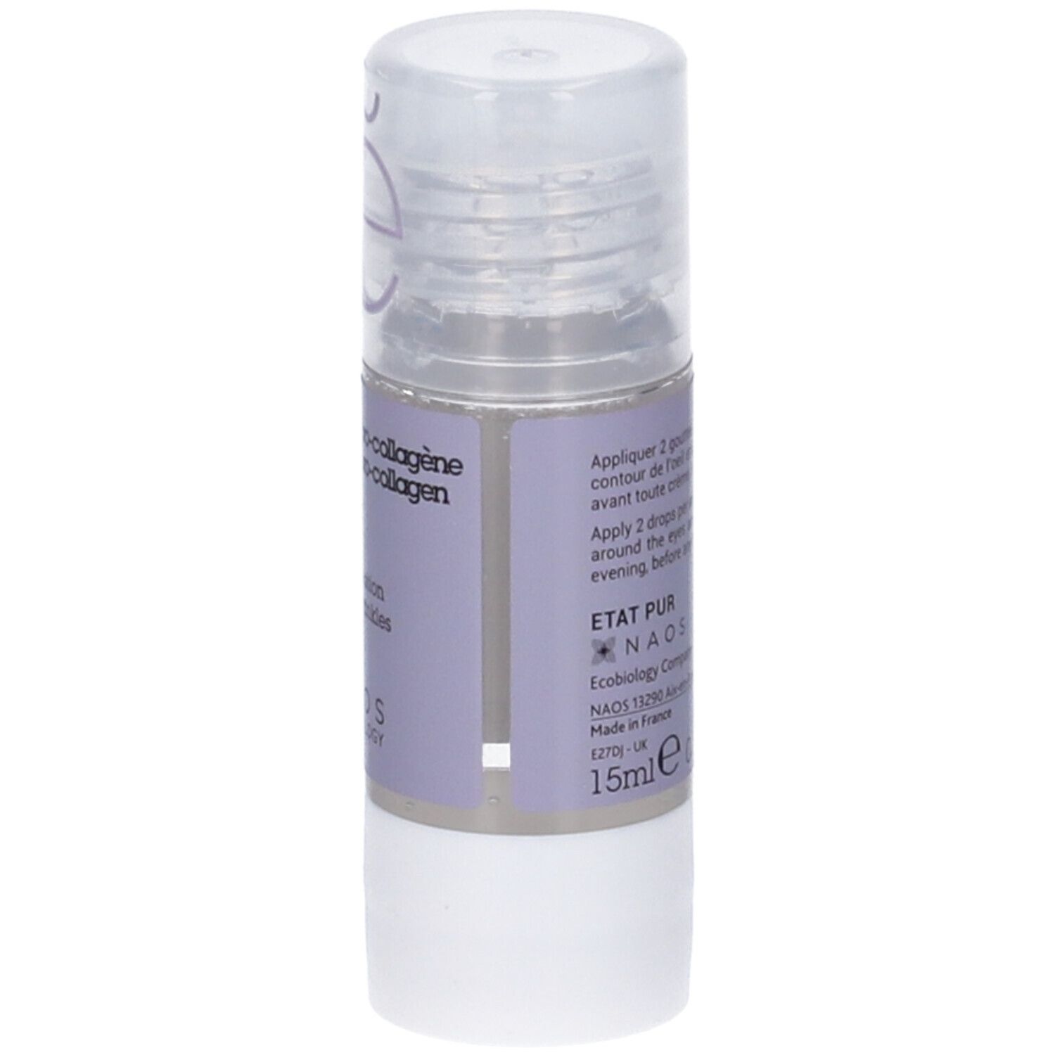 Flacone piccolo con etichetta viola. Testo: Etat Pur, NAOS Ecobiology. 15ml, 0.5 fl.oz.