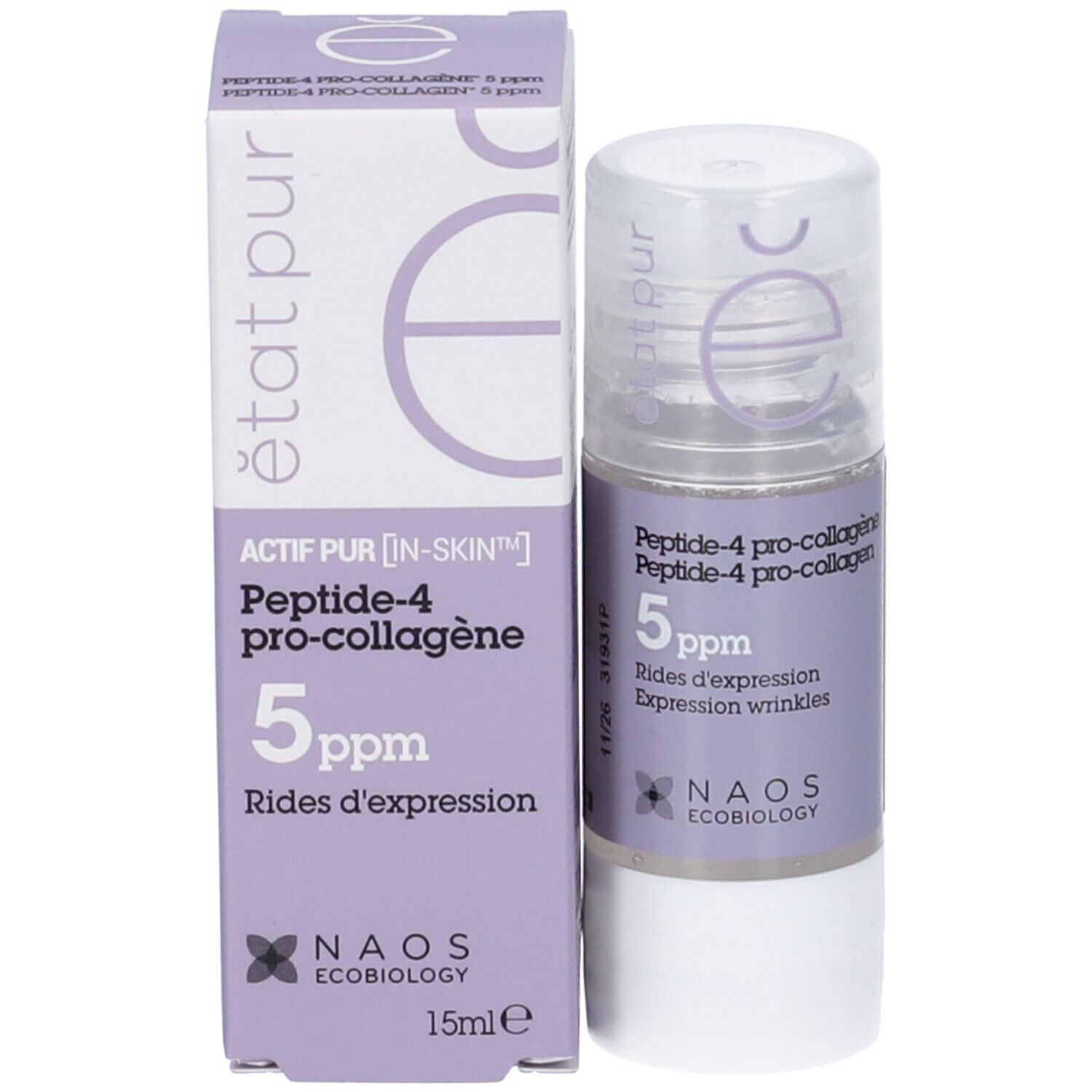 Confezione del prodotto: scatola con etichetta viola. Testo: Etat Pur, Peptide-4 pro-collagène, 5 ppm.