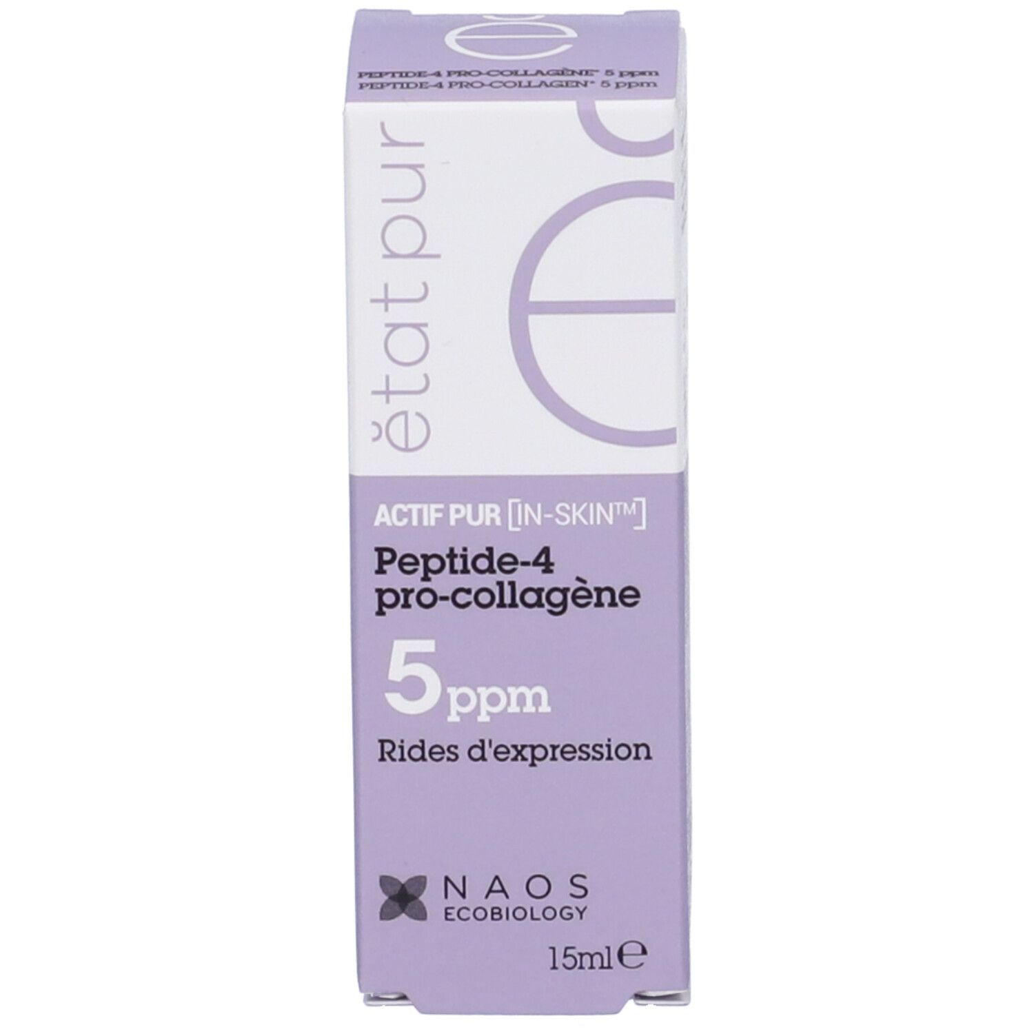 Confezione del prodotto: scatola con etichetta viola. Testo: Etat Pur, Peptide-4 pro-collagène, 5 ppm.