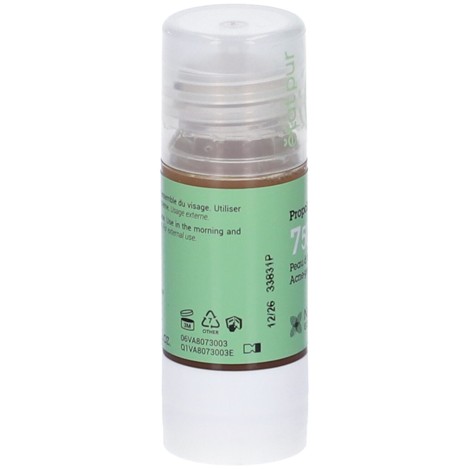 Flacone con etichetta verde. Scritta: Propoli 750ppm, per pelli a tendenza acneica. Marchio: NAOS Ecobiology.