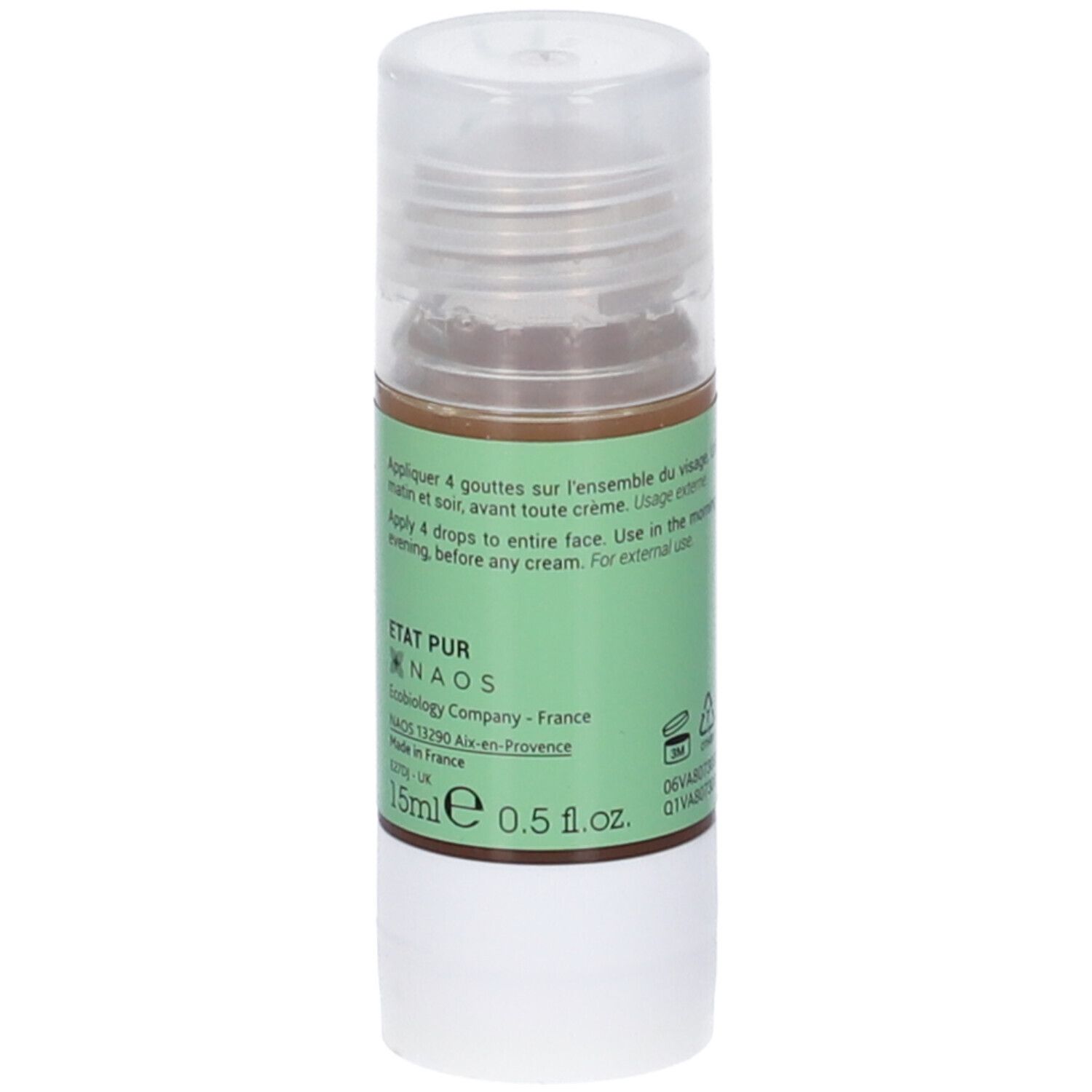 Flacone con etichetta verde. Scritta: Propoli 750ppm, per pelli a tendenza acneica. Marchio: NAOS Ecobiology.