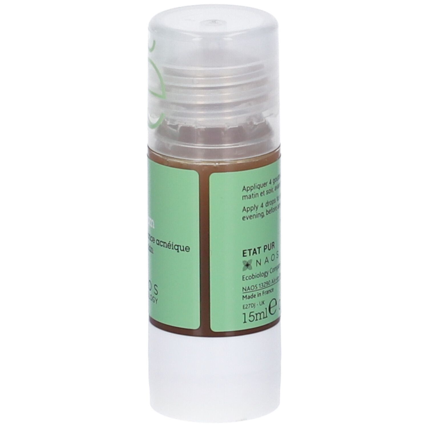 Flacone con etichetta verde. Scritta: Propoli 750ppm, per pelli a tendenza acneica. Marchio: NAOS Ecobiology.