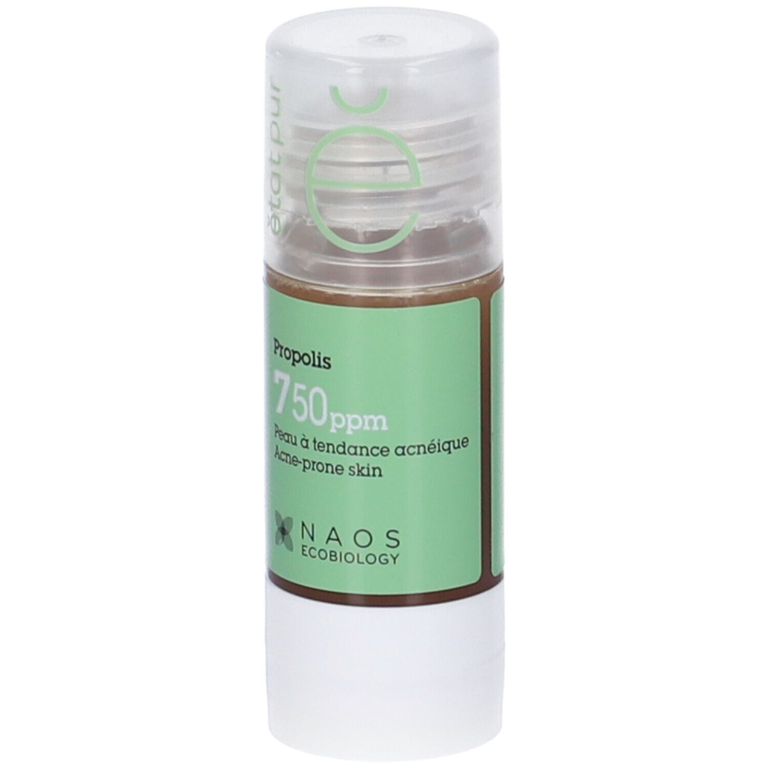Flacone con etichetta verde. Scritta: Propoli 750ppm, per pelli a tendenza acneica. Marchio: NAOS Ecobiology.