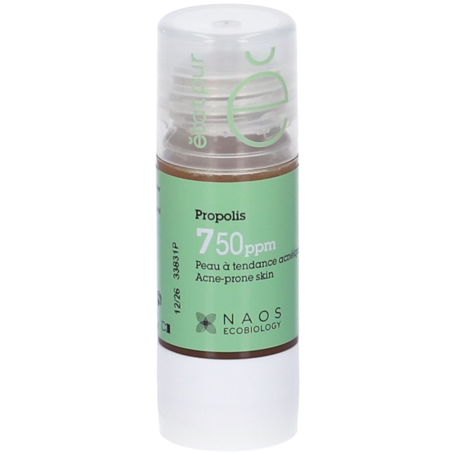 Flacone con etichetta verde. Scritta: Propoli 750ppm, per pelli a tendenza acneica. Marchio: NAOS Ecobiology.