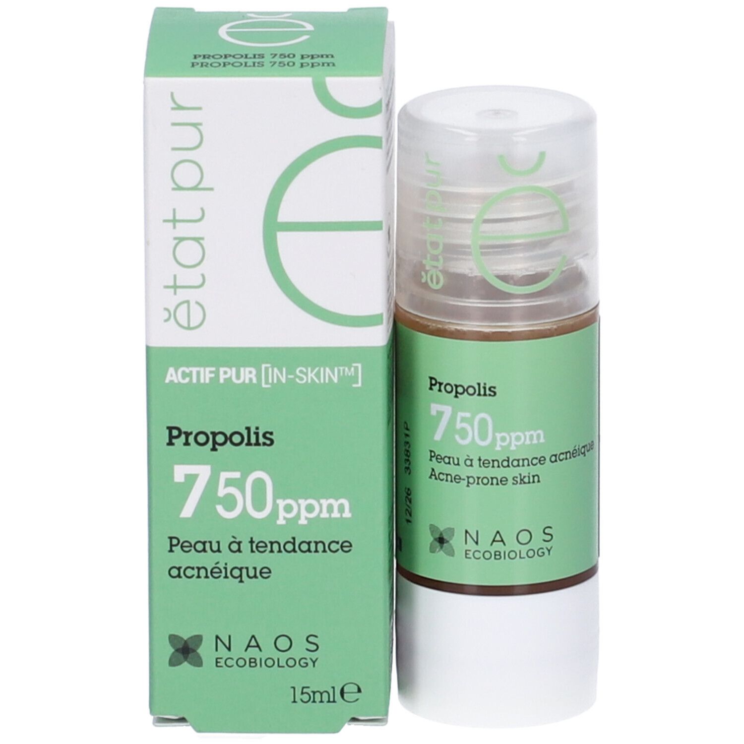 Confezione prodotto con etichetta verde. Scritta: Propoli 750ppm, per pelli a tendenza acneica. Marchio: NAOS Ecobiology.