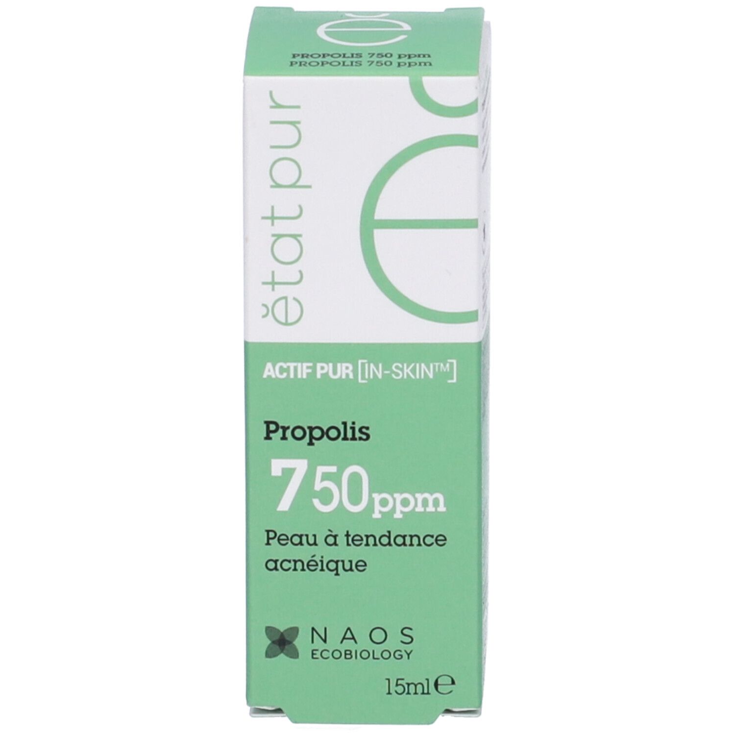 Confezione prodotto con etichetta verde. Scritta: Propoli 750ppm, per pelli a tendenza acneica. Marchio: NAOS Ecobiology.