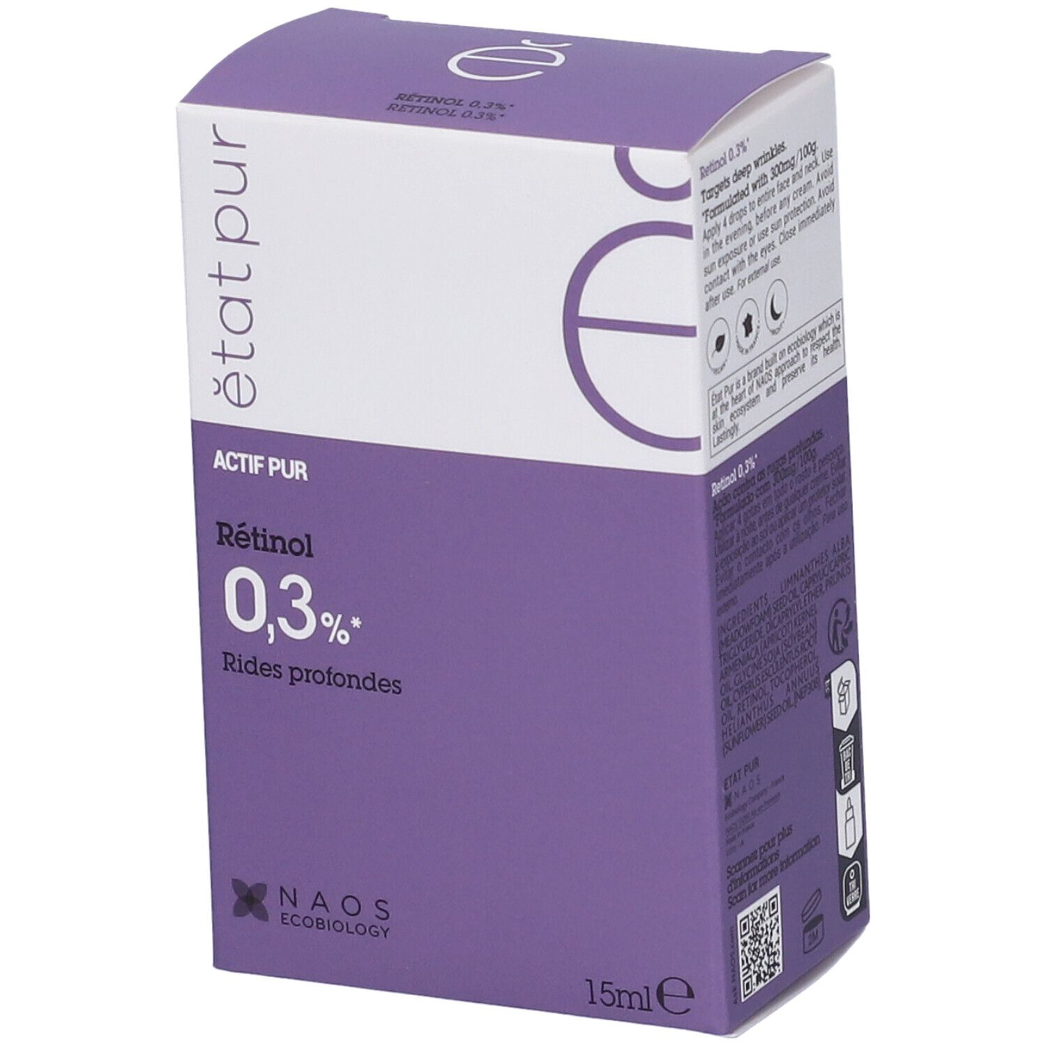 Confezione con dettagli viola. Contiene Retinolo 0,3%. Marchio: Etat Pur. Testo in francese.