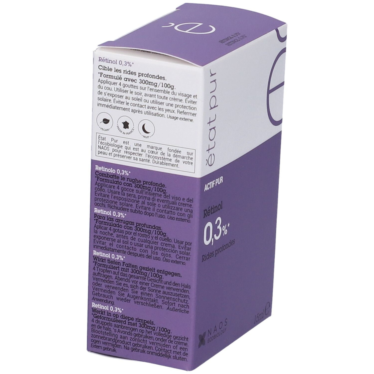 Confezione con dettagli viola. Contiene Retinolo 0,3%. Marchio: Etat Pur. Testo in francese.