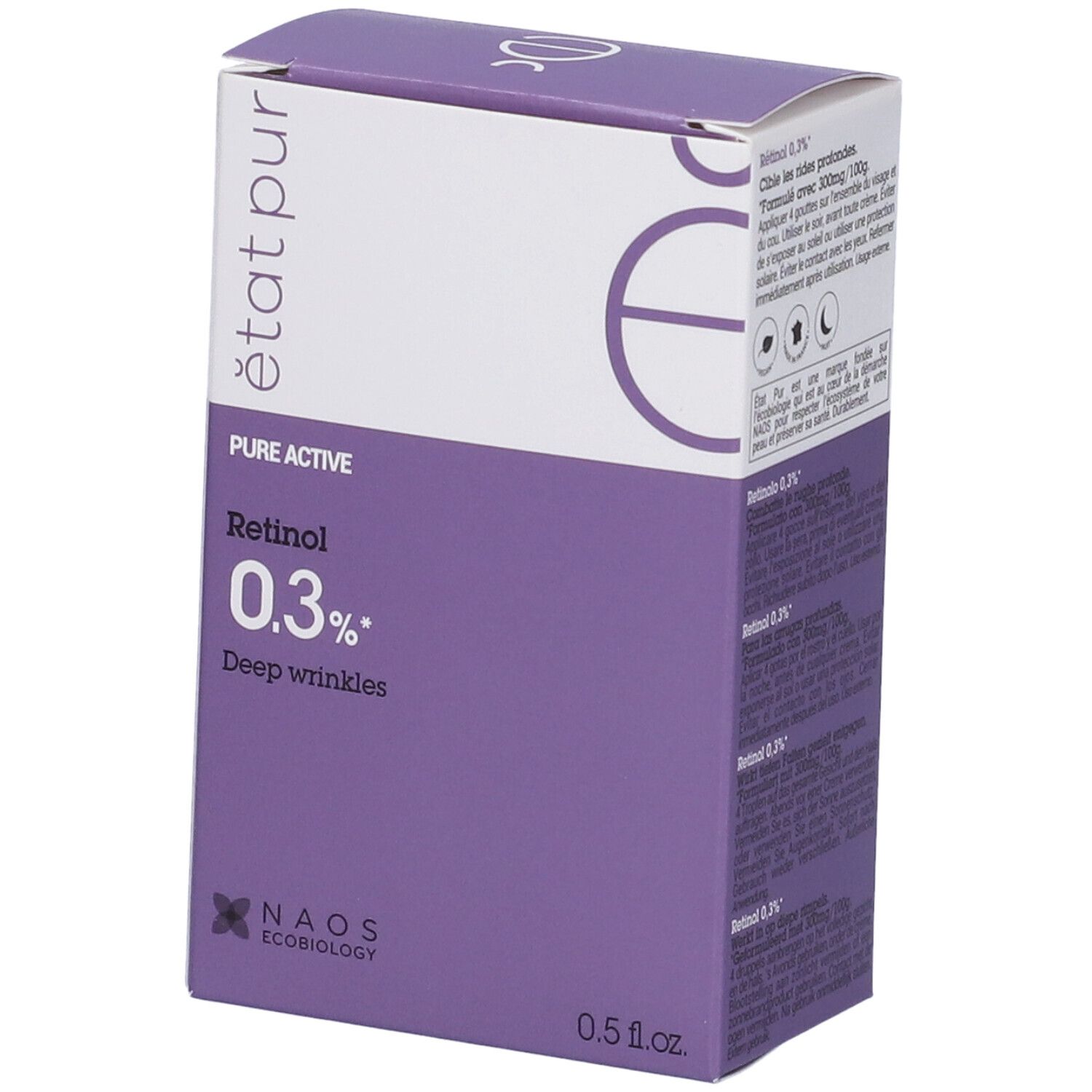 Confezione con dettagli viola. Contiene Retinolo 0,3%. Marchio: Etat Pur. Testo in francese.
