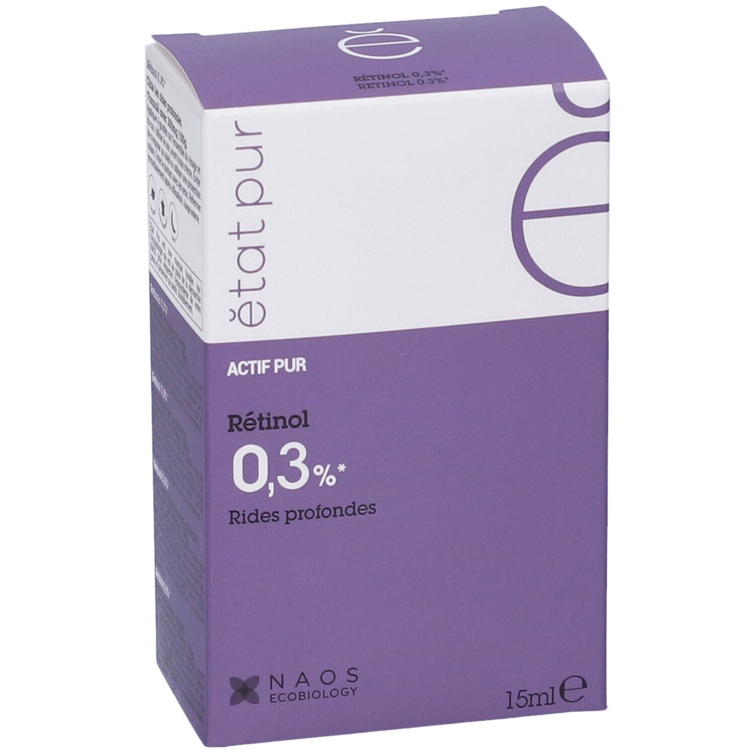 Confezione con dettagli viola. Contiene Retinolo 0,3%. Marchio: Etat Pur. Testo in francese.