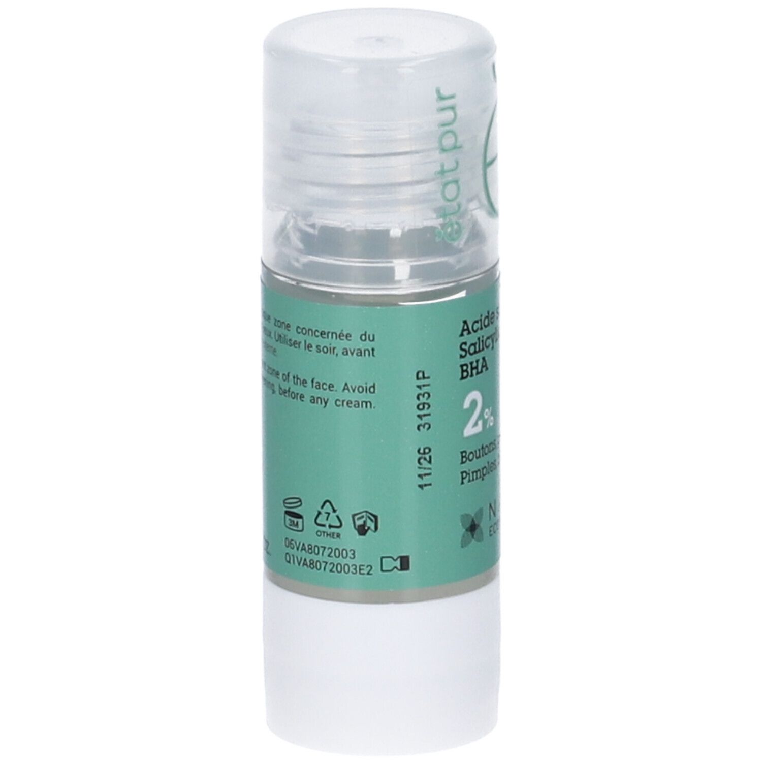 Flacone cilindrico con etichetta verde. Contiene acido salicilico al 2%. Marchio: Etat Pur.