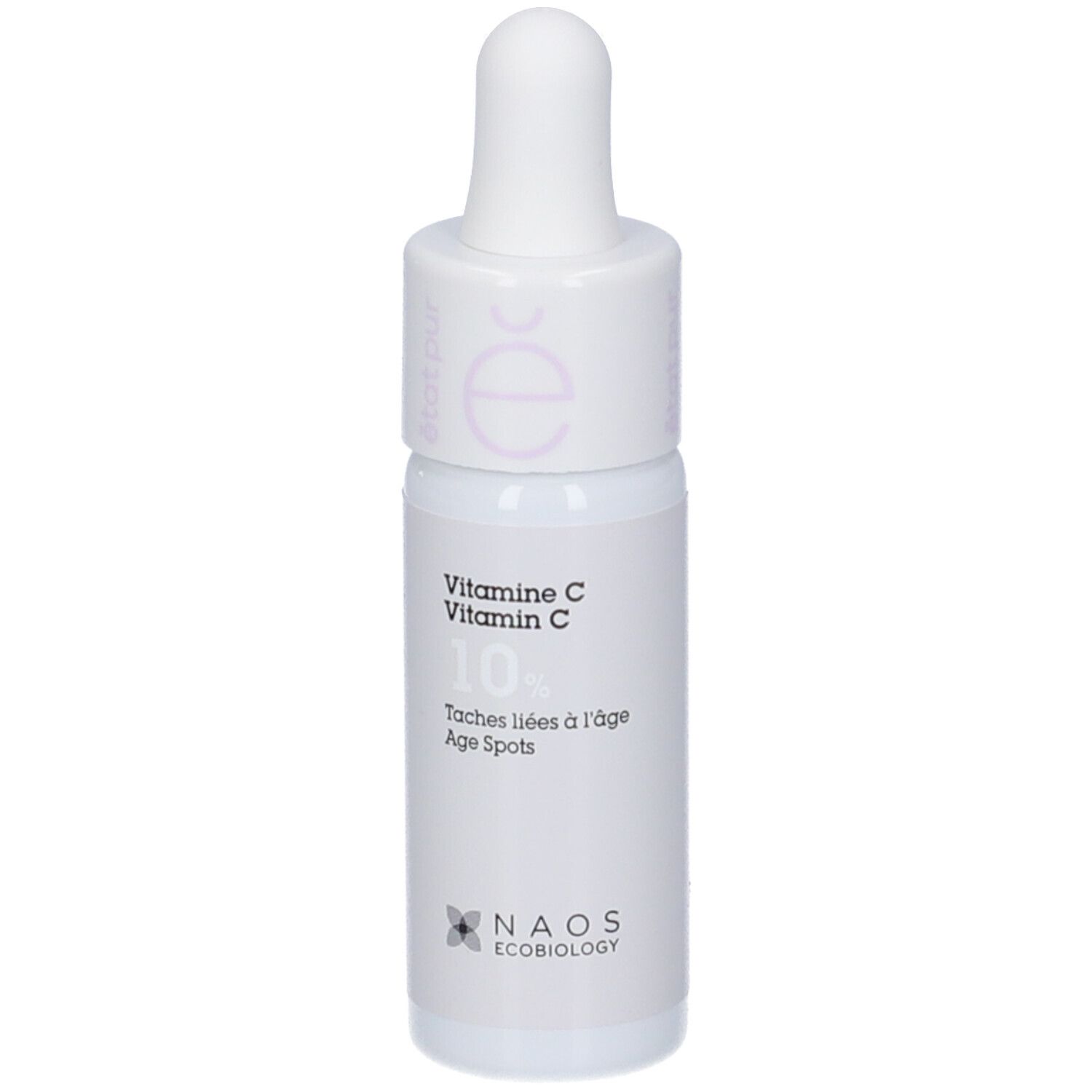 Flacone bianco con contagocce. Scritta: Vitamina C 10%, Macchie dell'età. NAOS Ecobiology.