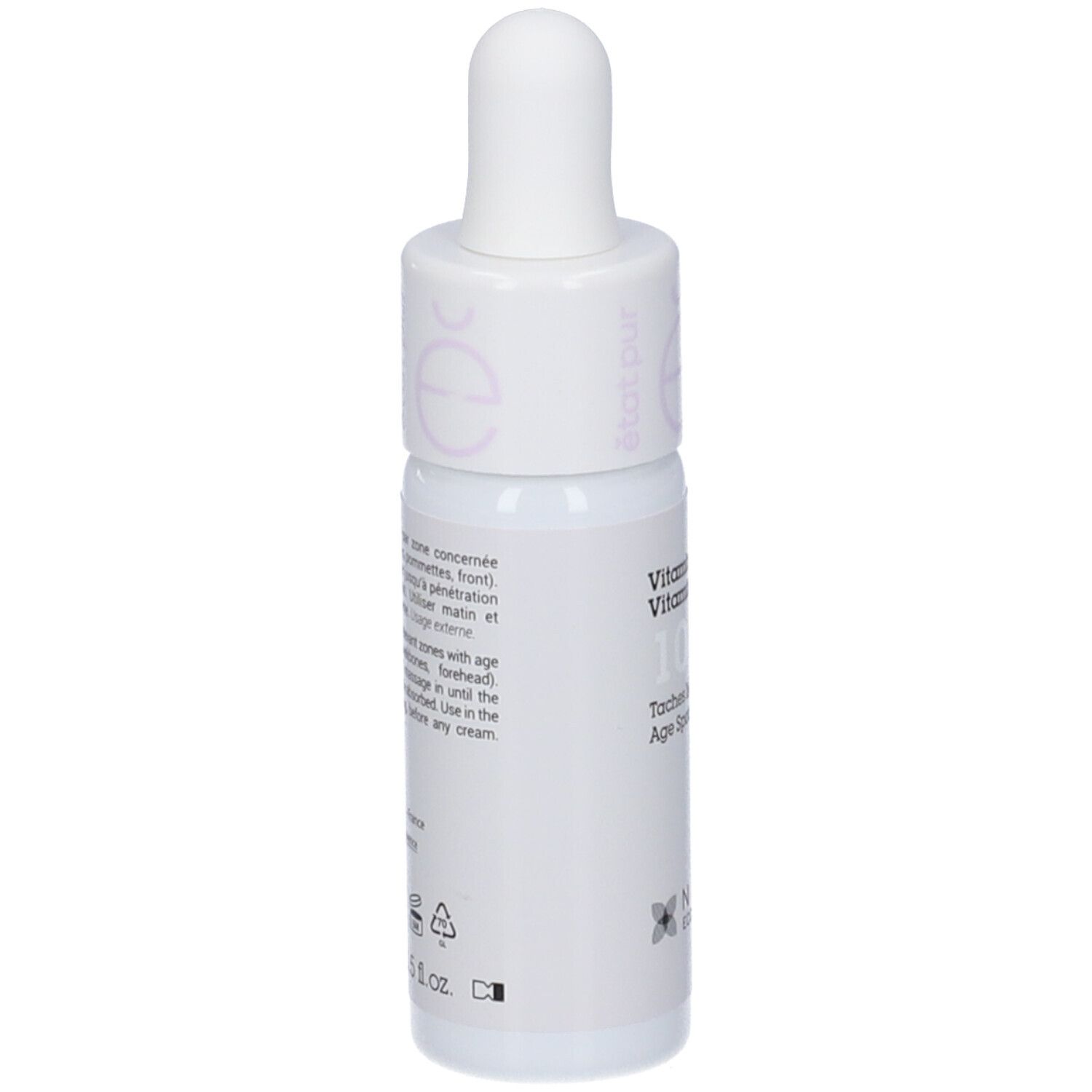 Flacone bianco con contagocce. Scritta: Vitamina C 10%, Macchie dell'età. NAOS Ecobiology.