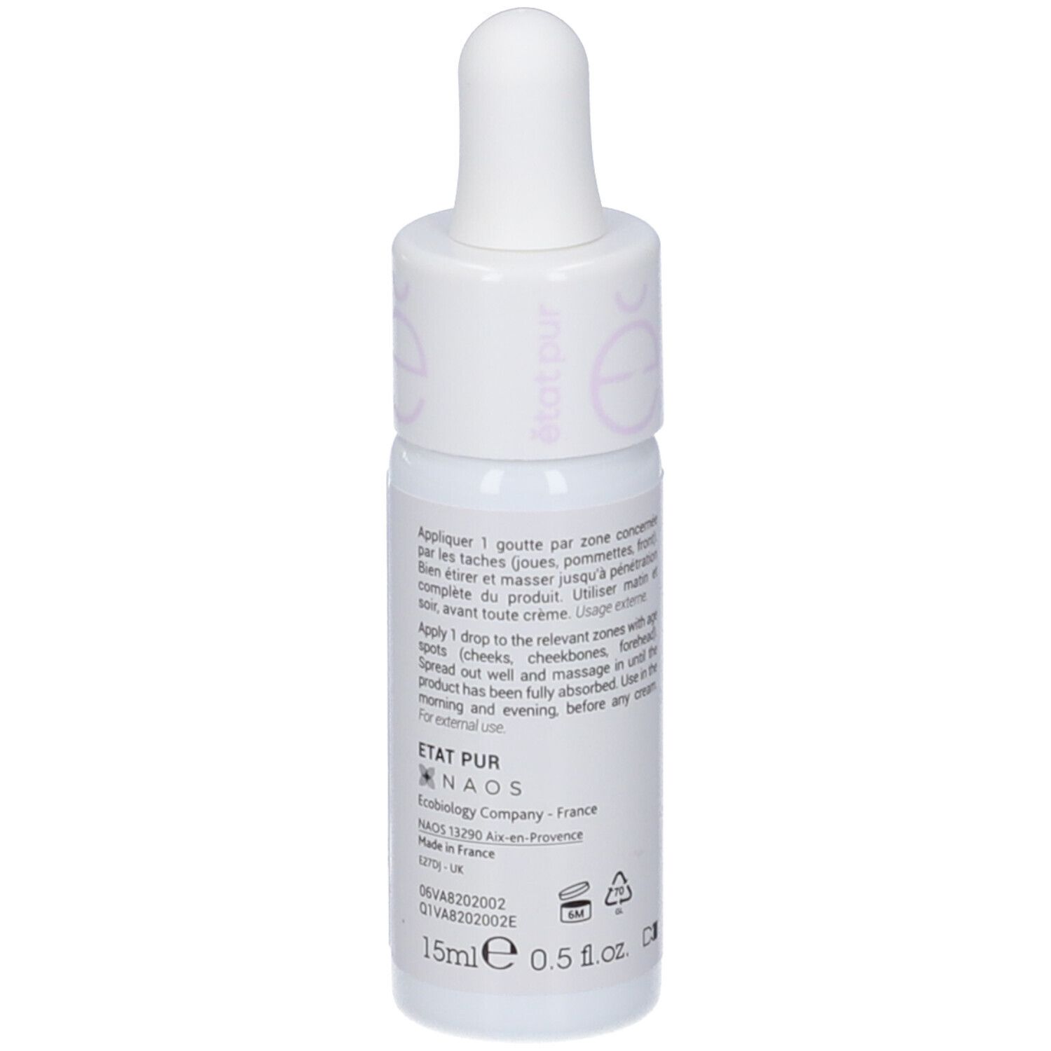 Flacone bianco con contagocce. Scritta: Vitamina C 10%, Macchie dell'età. NAOS Ecobiology.