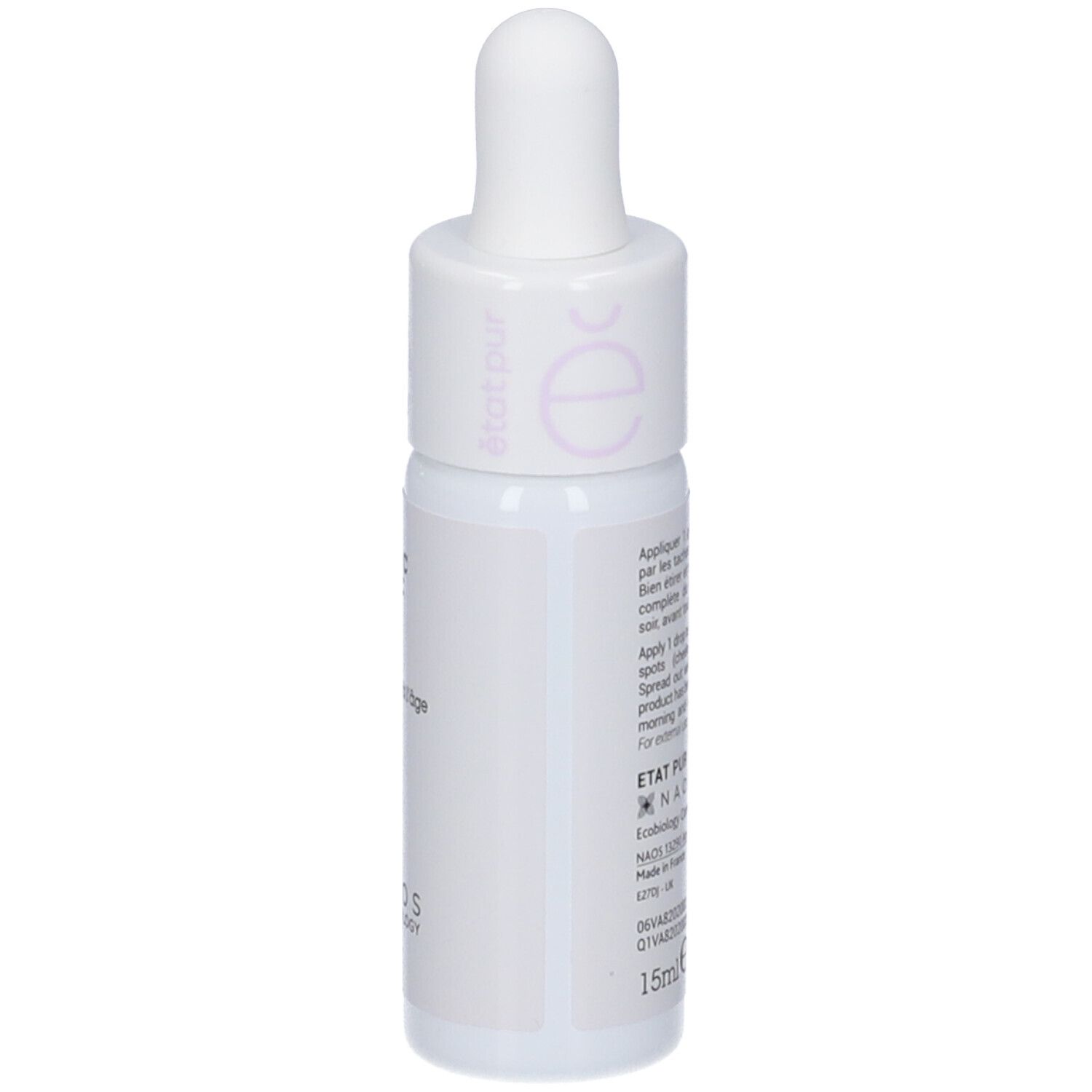 Flacone bianco con contagocce. Scritta: Vitamina C 10%, Macchie dell'età. NAOS Ecobiology.