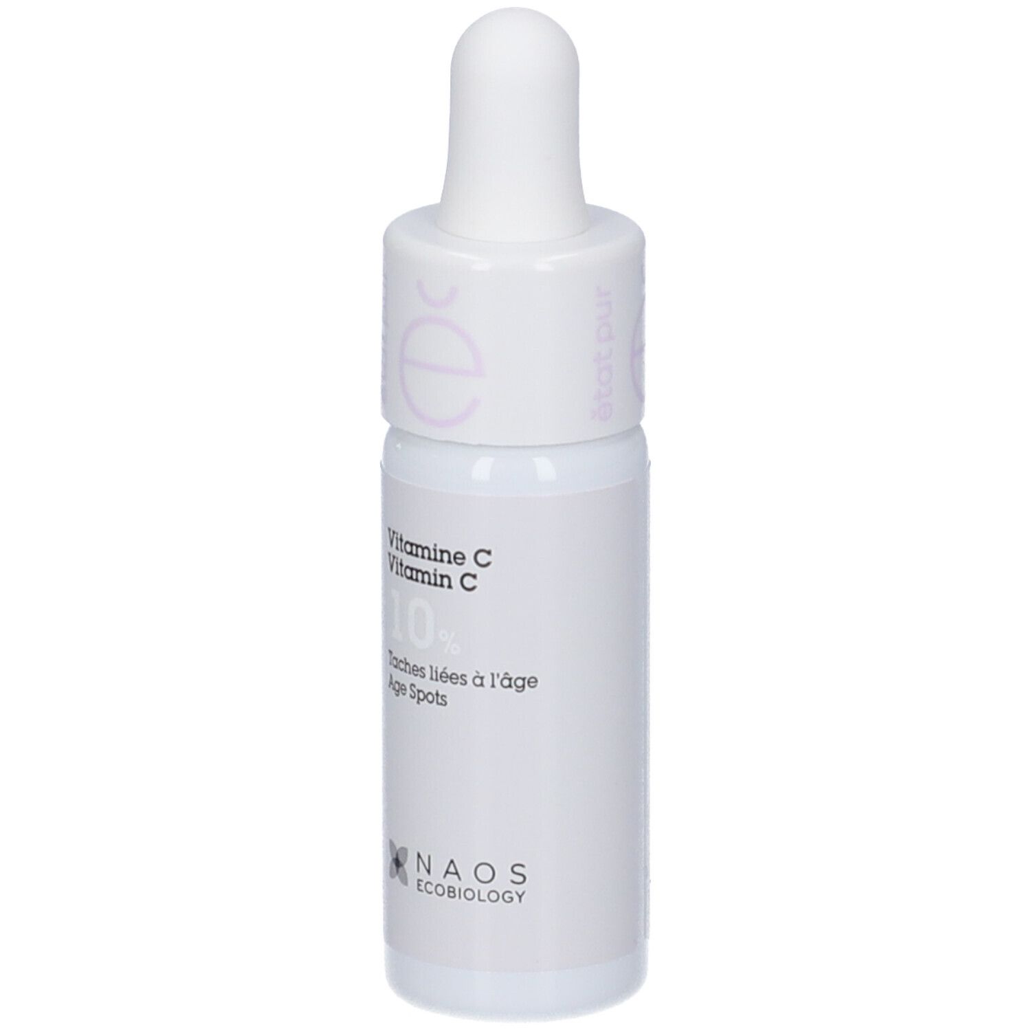 Flacone bianco con contagocce. Scritta: Vitamina C 10%, Macchie dell'età. NAOS Ecobiology.