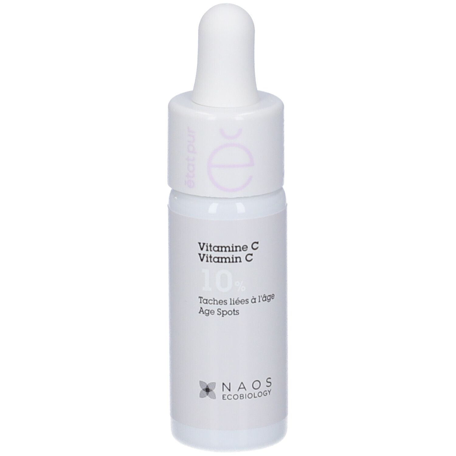 Flacone bianco con contagocce. Scritta: Vitamina C 10%, Macchie dell'età. NAOS Ecobiology.