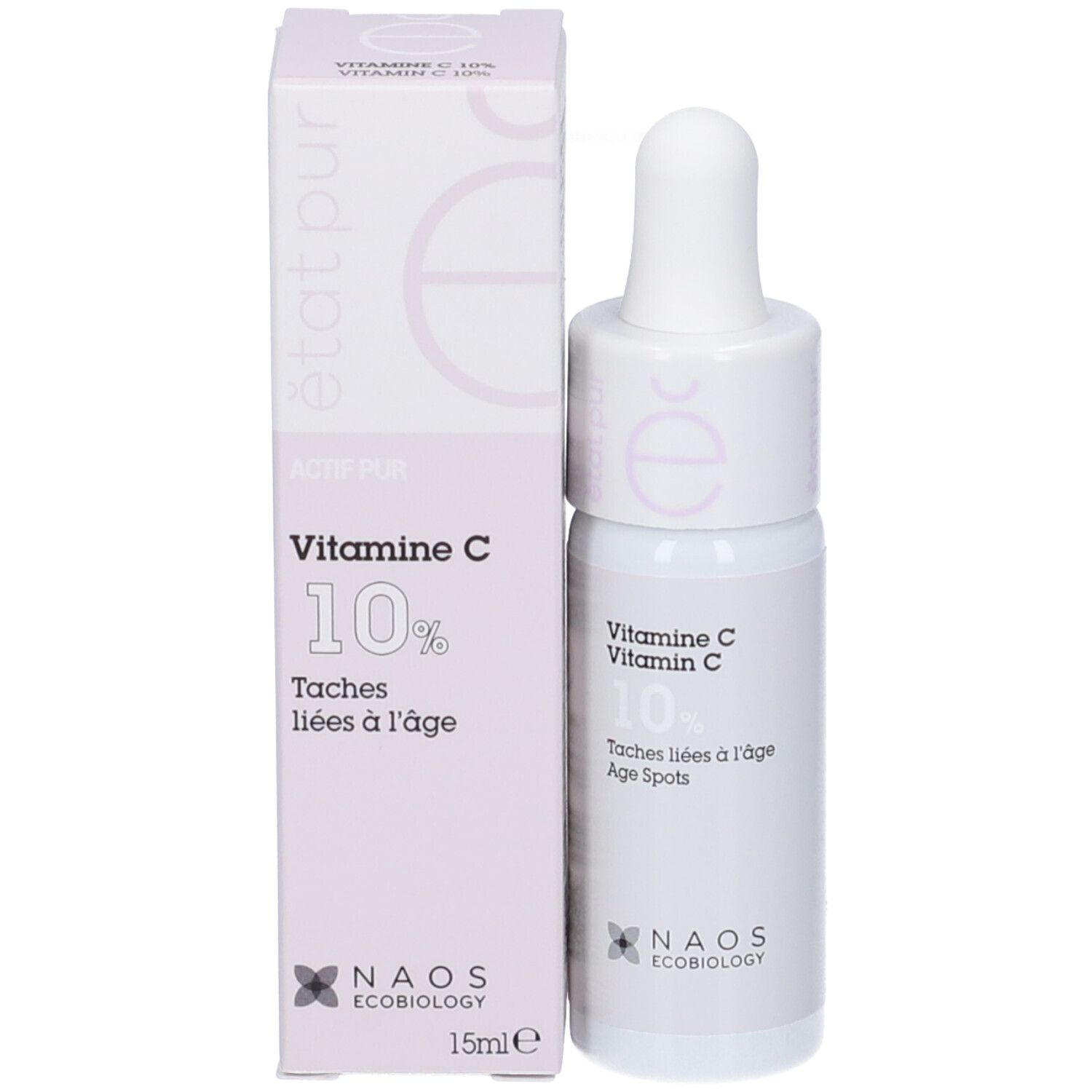 Flacone e confezione. Scritta: Vitamina C 10%, Macchie dell'età. NAOS Ecobiology. 15ml.