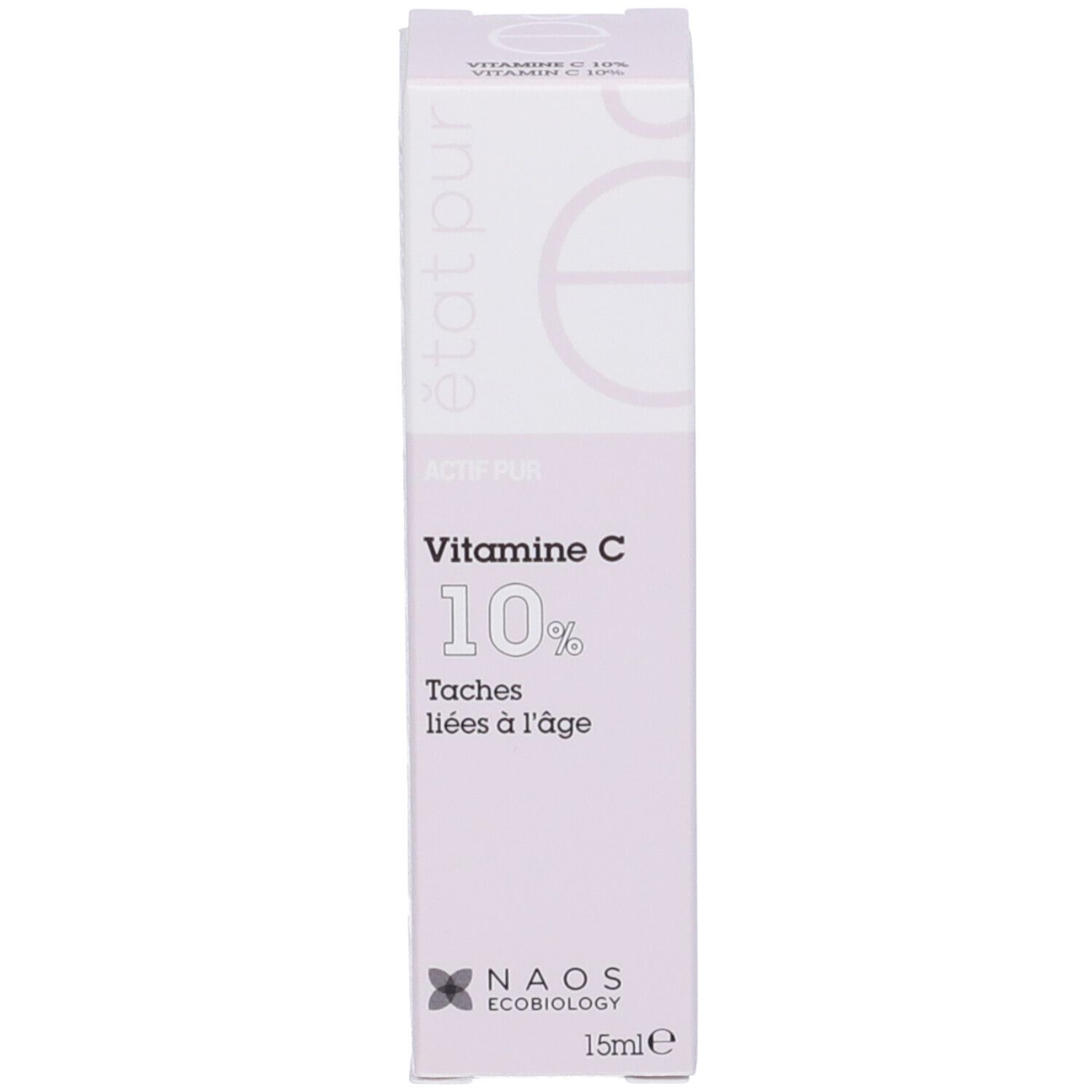 Confezione del prodotto. Scritta: Vitamina C 10%, Macchie dell'età. NAOS Ecobiology. 15ml.