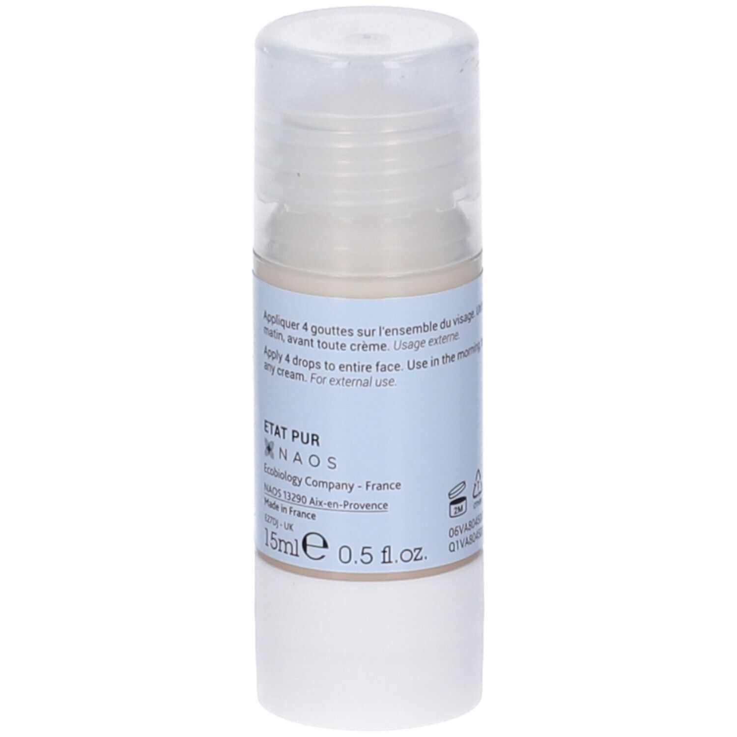 Flacone cilindrico con etichetta blu. Scritta: Vitamina E 3,9%. Logo NAOS Ecobiology. Tappo trasparente. 15ml.