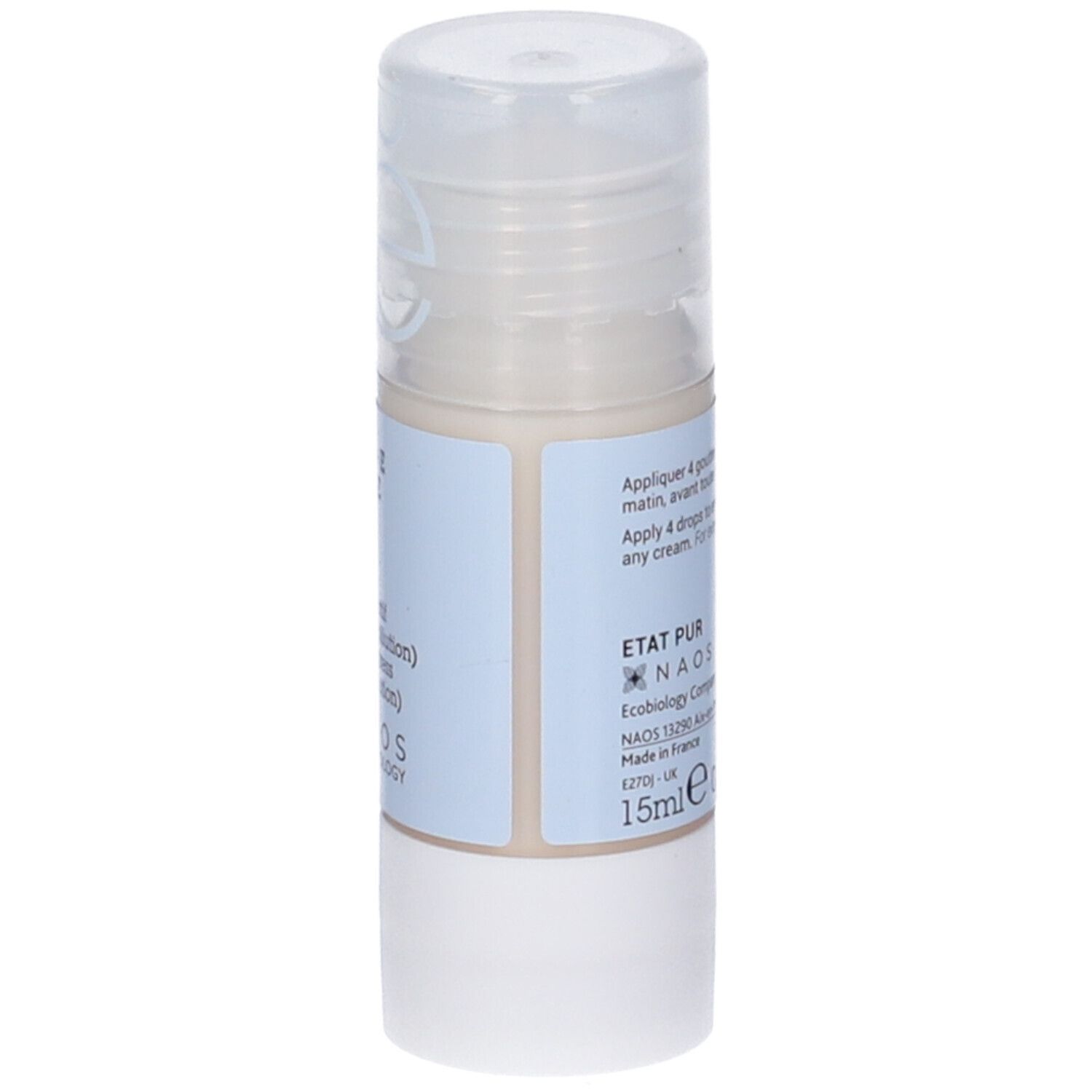 Flacone cilindrico con etichetta blu. Scritta: Vitamina E 3,9%. Logo NAOS Ecobiology. Tappo trasparente. 15ml.